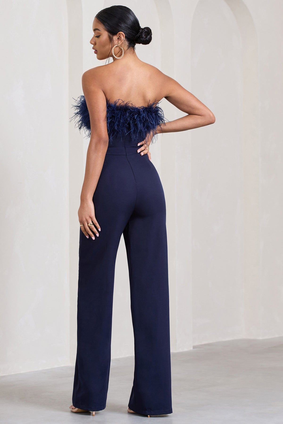 First Class | Navy Bandeau Feather Wide Leg Jumpsuit