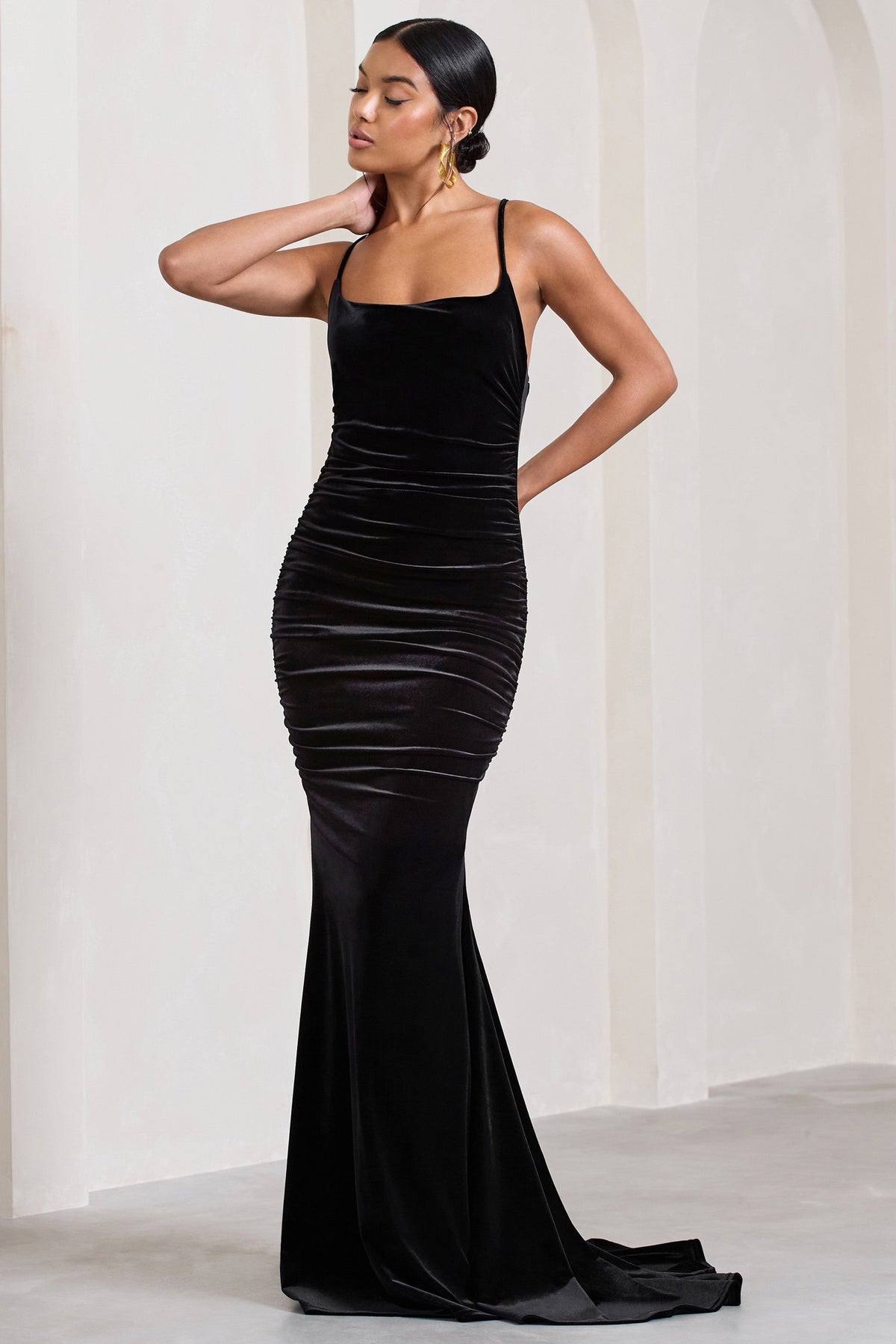 Adele | Black Velvet Ruched Strappy Fishtail Maxi Dress