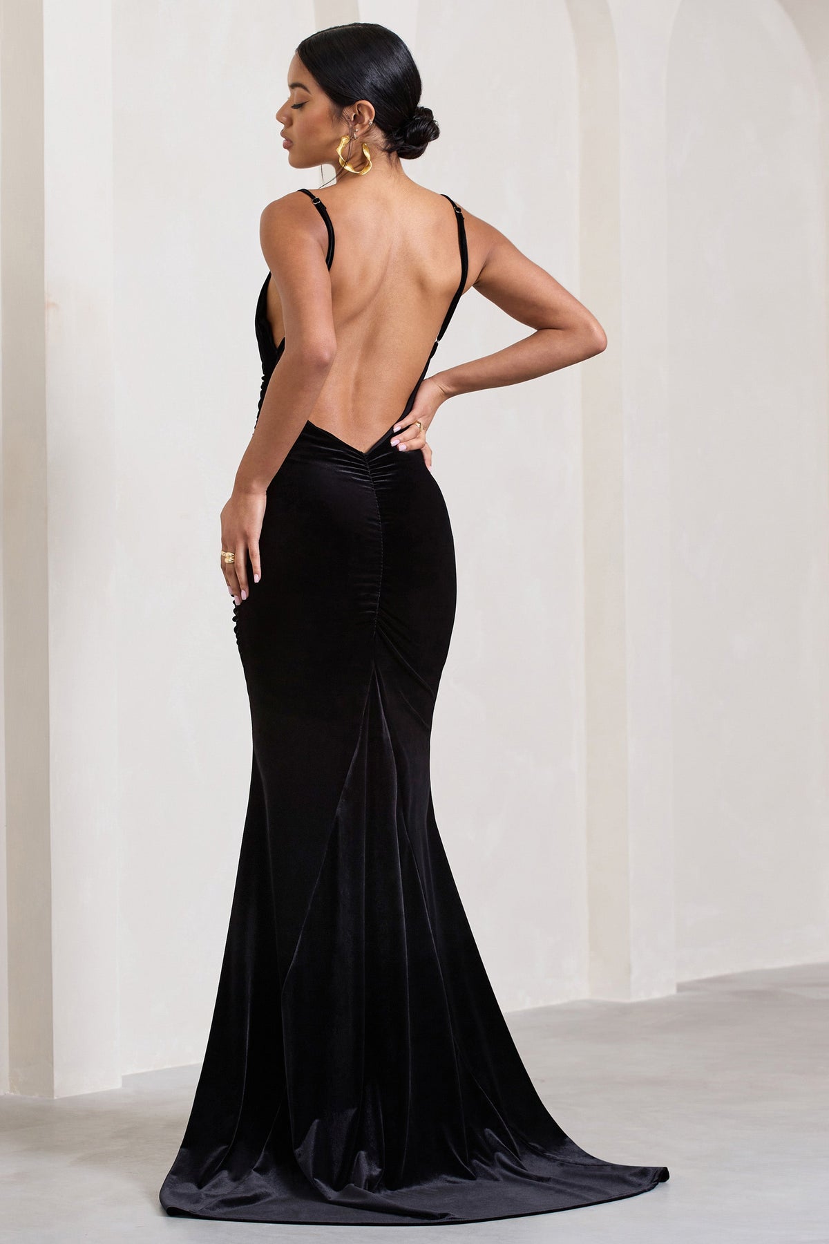 Adele | Black Velvet Ruched Strappy Fishtail Maxi Dress