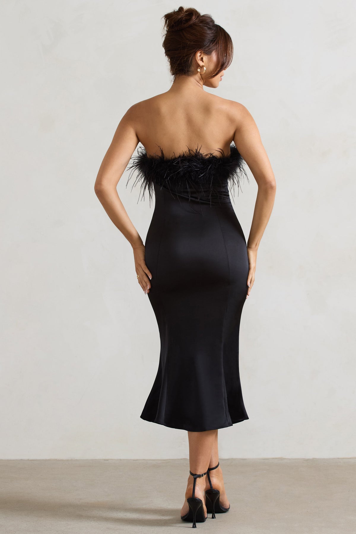 One And Only | Black Satin Feather Trim Midi Dress