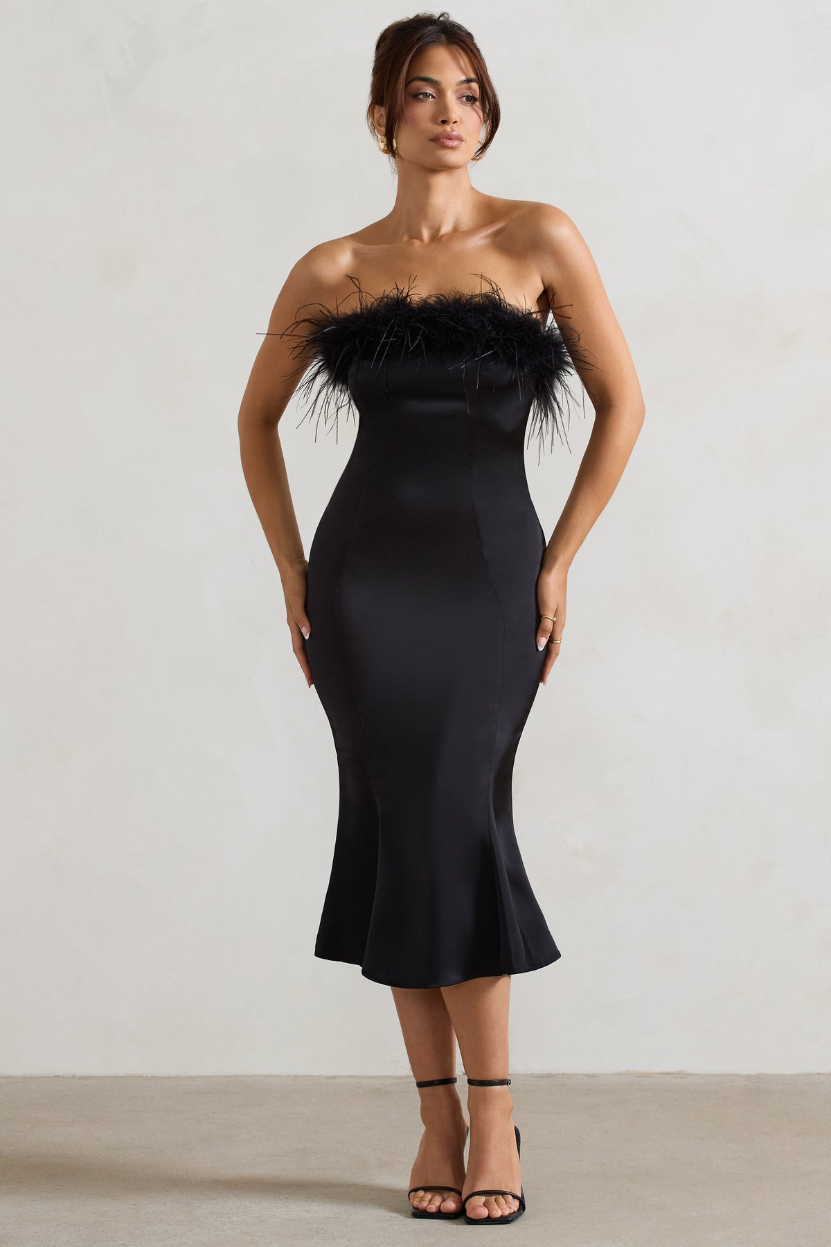 One And Only | Black Satin Feather Trim Midi Dress