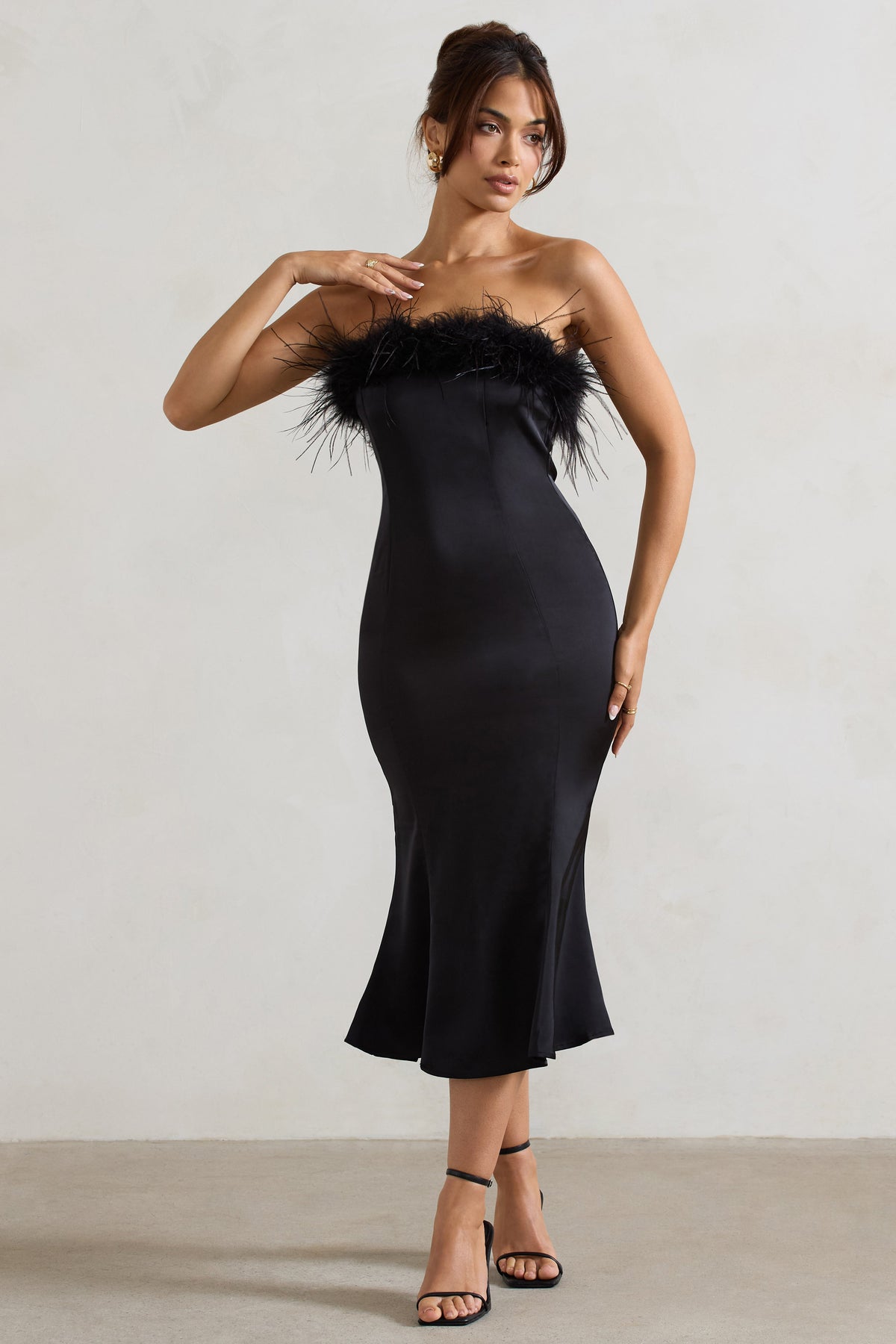 One And Only | Black Satin Feather Trim Midi Dress