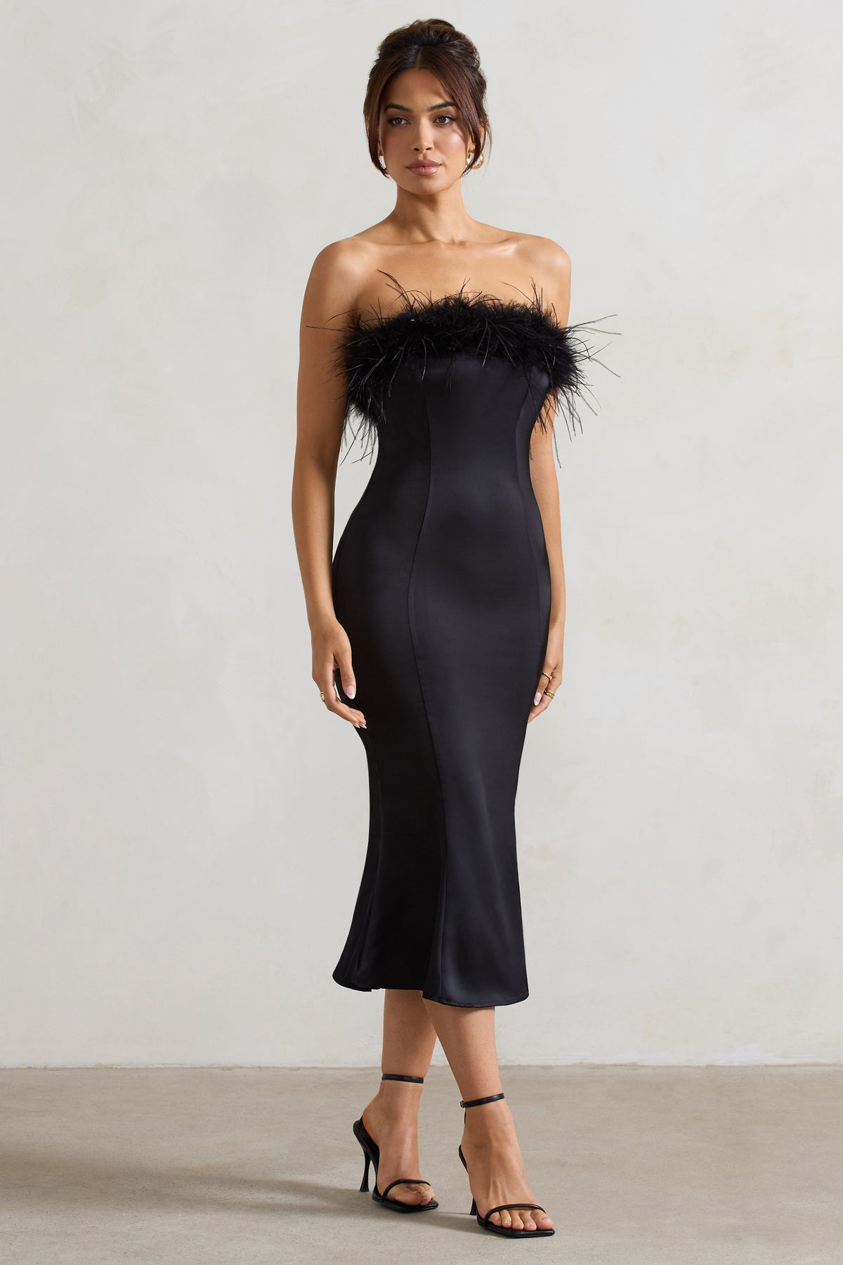 One And Only | Black Satin Feather Trim Midi Dress