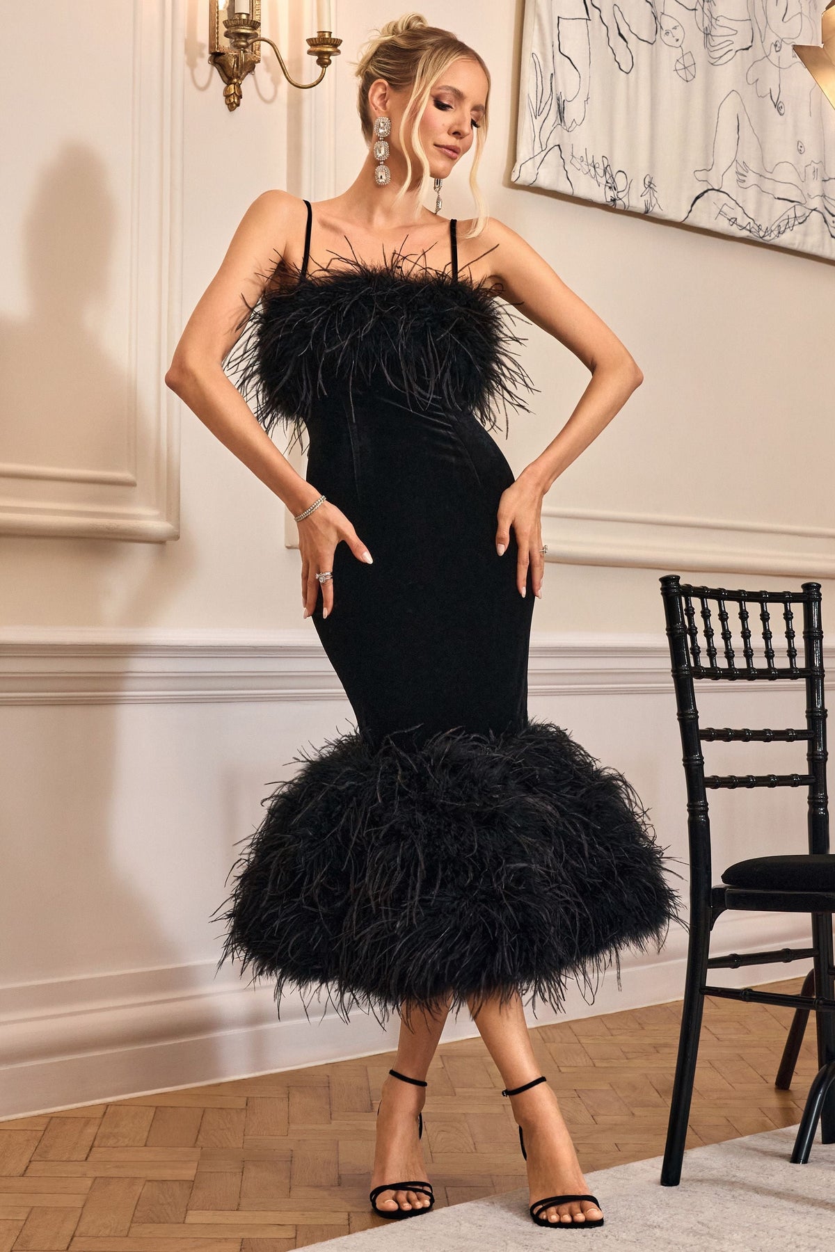 club l london black feather dress Club L London | Dresses | Black Evening Dress With Feather Trim And Thigh Split