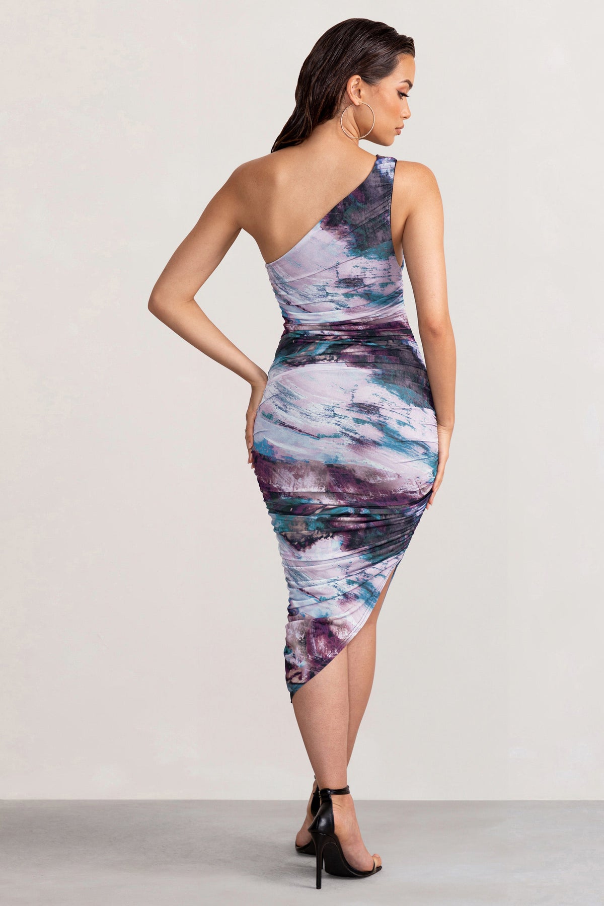 Late Night | Multi Printed Asymmetric One Shoulder Ruched Midi Dress