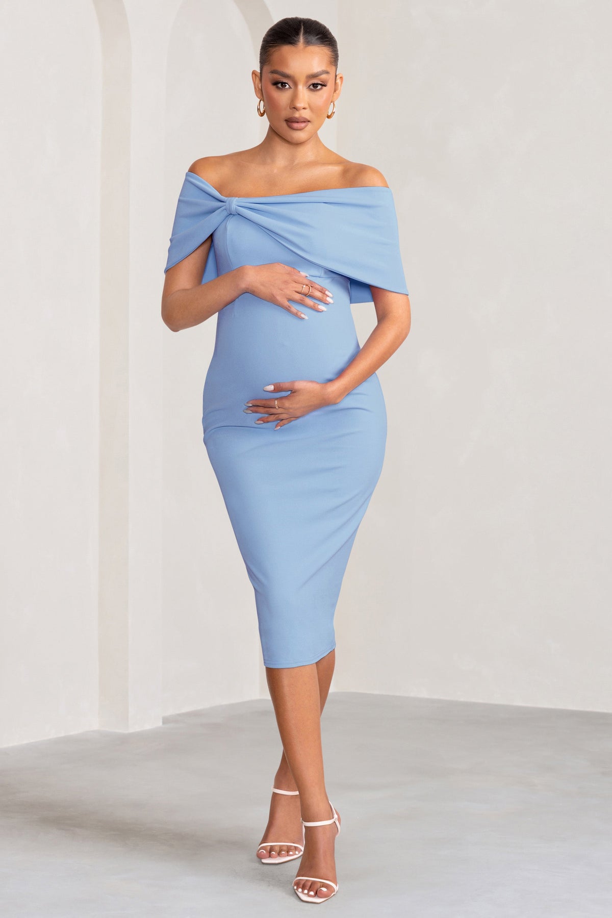 Alyssa | Powder Blue Bardot Bow Maternity Midi Dress with Ruching