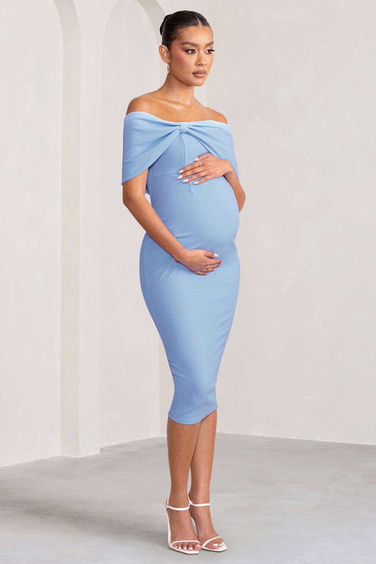 Alyssa | Powder Blue Bardot Bow Maternity Midi Dress with Ruching