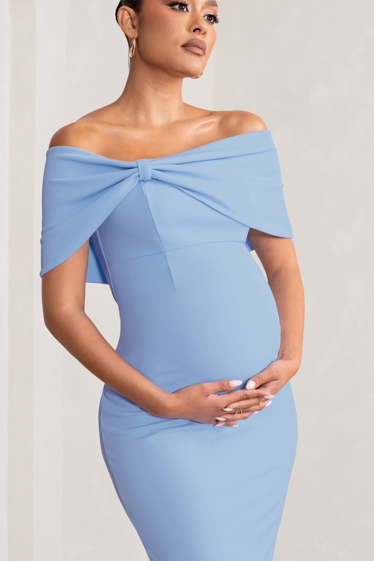 Alyssa | Powder Blue Bardot Bow Maternity Midi Dress with Ruching