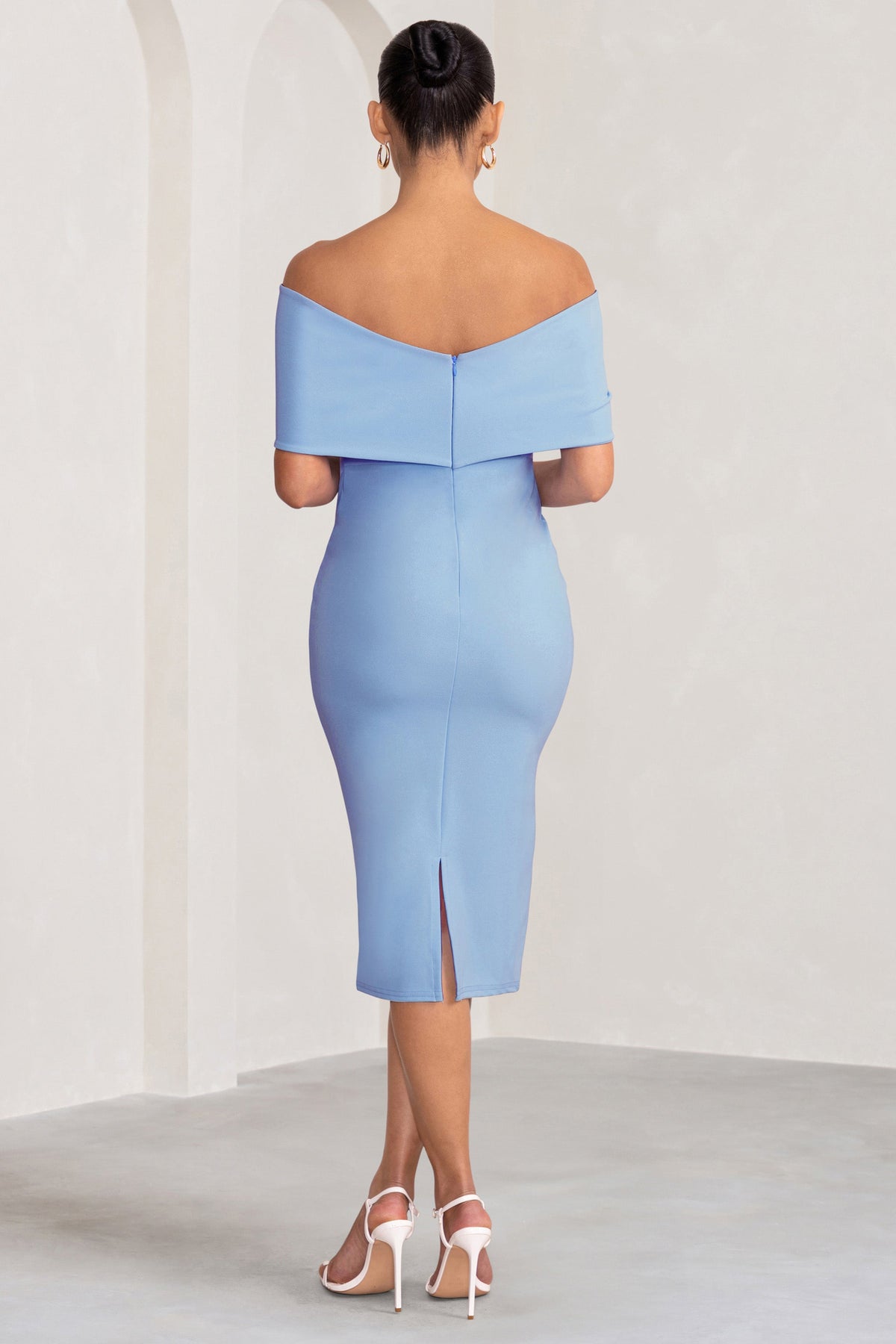 Alyssa | Powder Blue Bardot Bow Maternity Midi Dress with Ruching