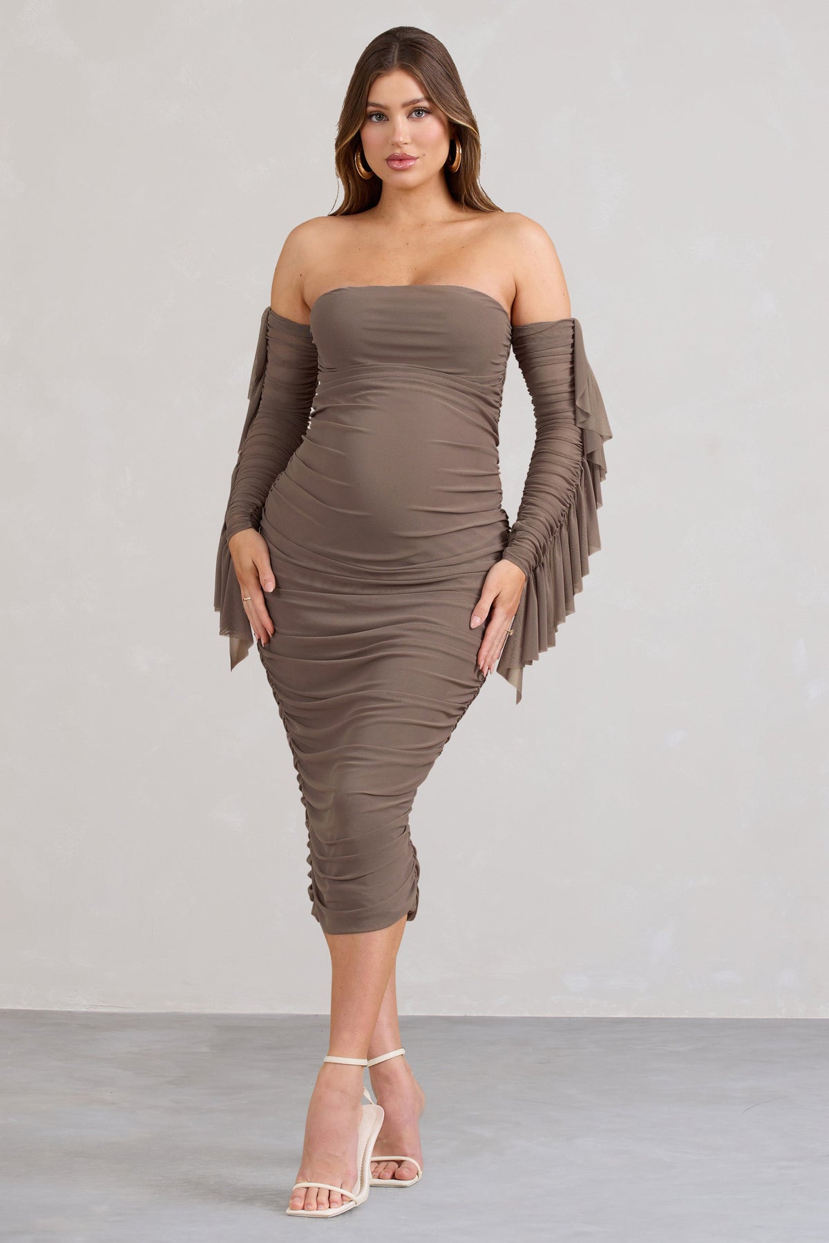 Aroma | Brown Ruched Mesh Maternity Midi Dress With Ruffled Sleeves