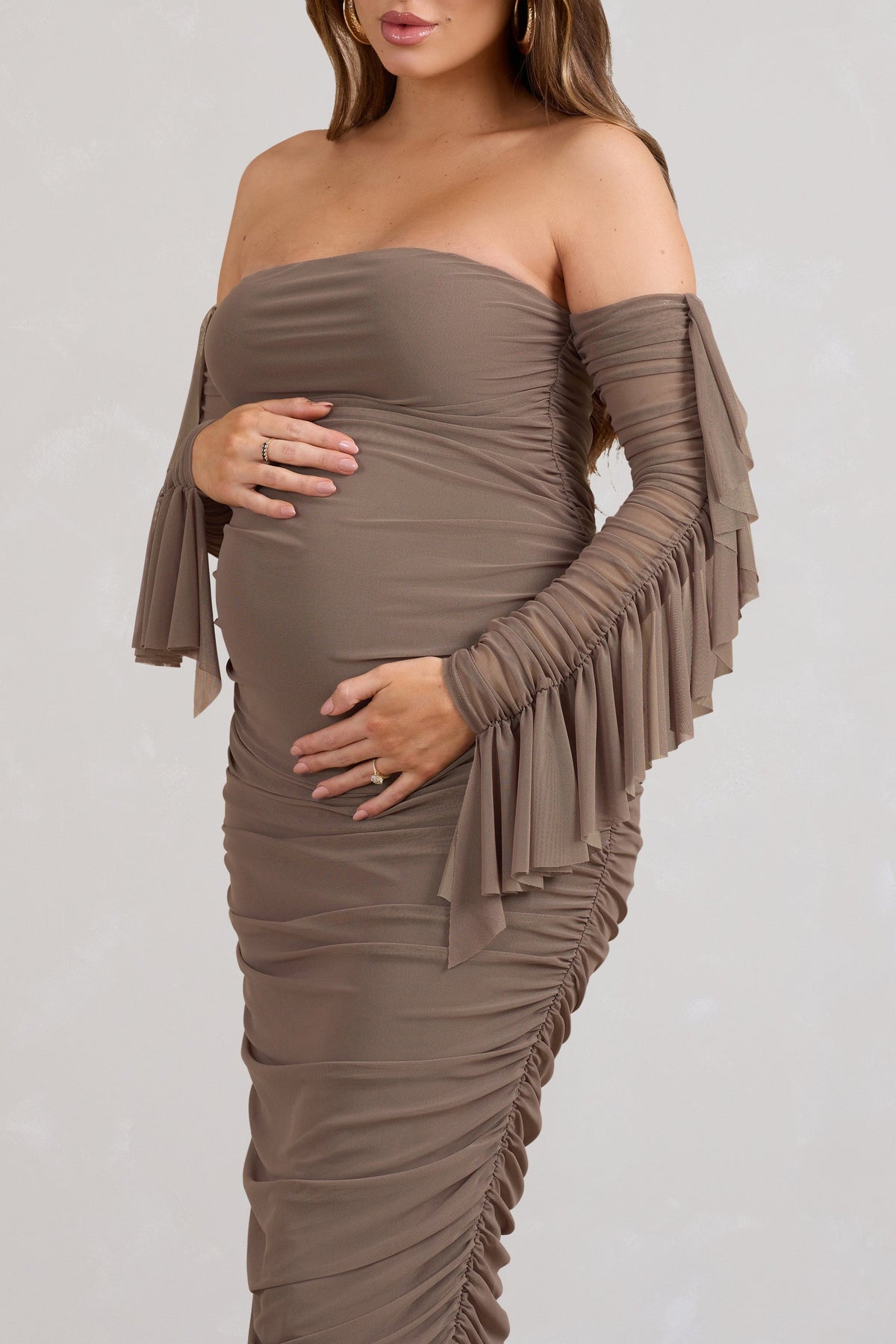 Aroma | Brown Ruched Mesh Maternity Midi Dress With Ruffled Sleeves