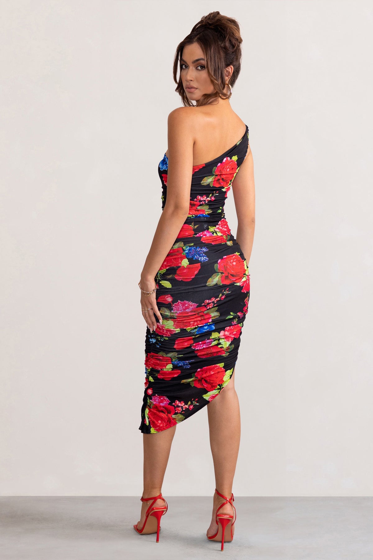 Late Night | Black Floral Print Asymmetric One Shoulder Ruched Midi Dress