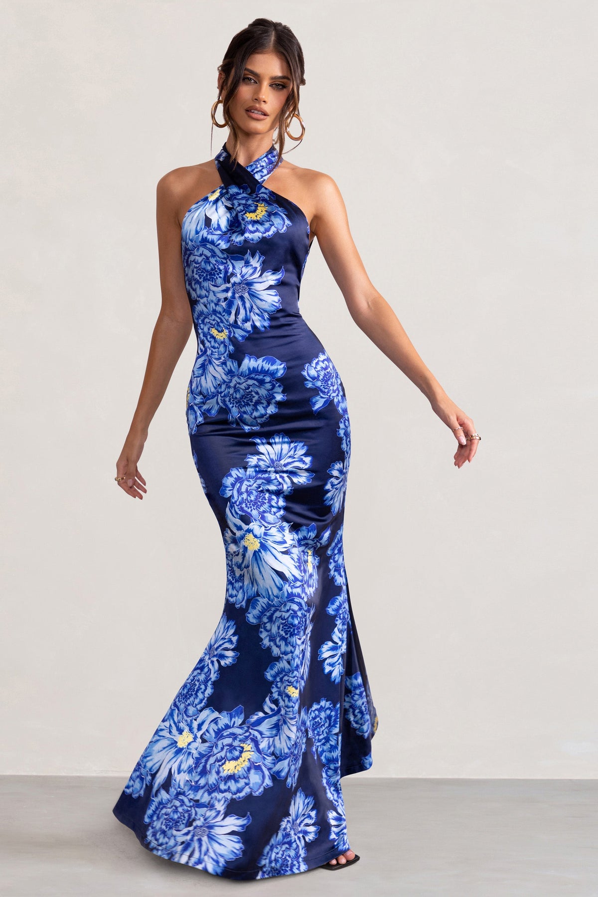 Unstoppable | Blue Floral Print Satin Cross Over Halter Neck Maxi Dress