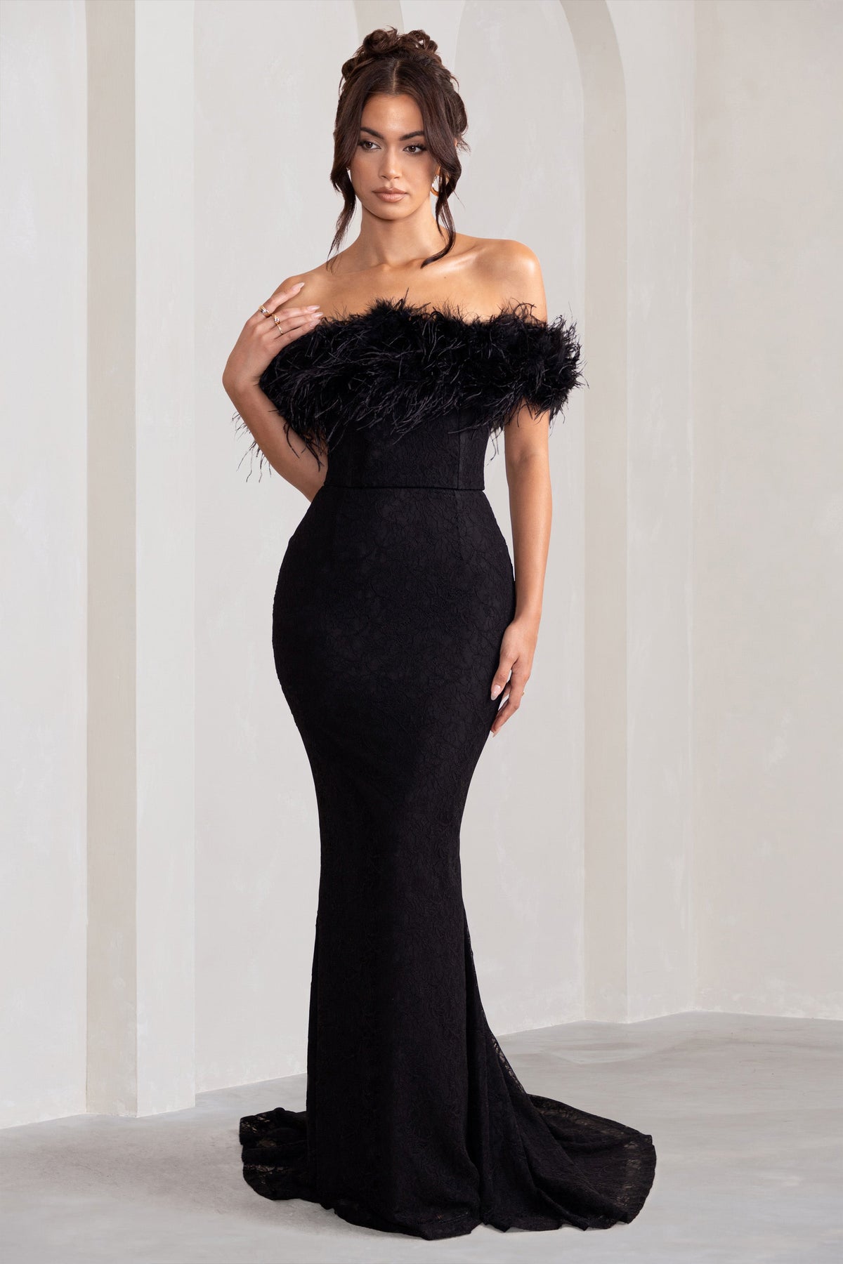 Idyll Black Lace Bardot Feather Fishtail Maxi Dress Club L London - SA Idyll Black Lace Bardot Feather Fishtail Maxi Dress Club L London - SA