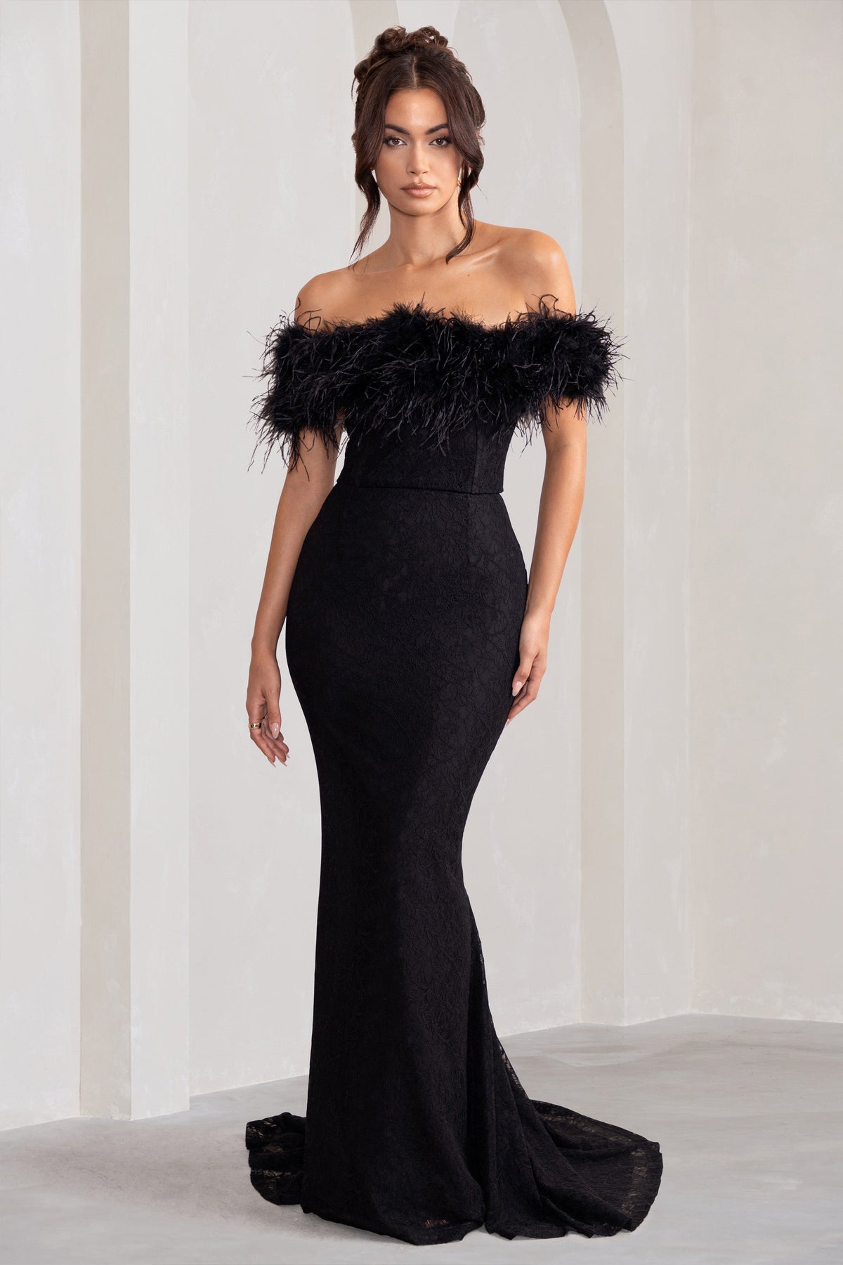 Idyll Black Lace Bardot Feather Fishtail Maxi Dress Club L London - SA Idyll Black Lace Bardot Feather Fishtail Maxi Dress Club L London - SA