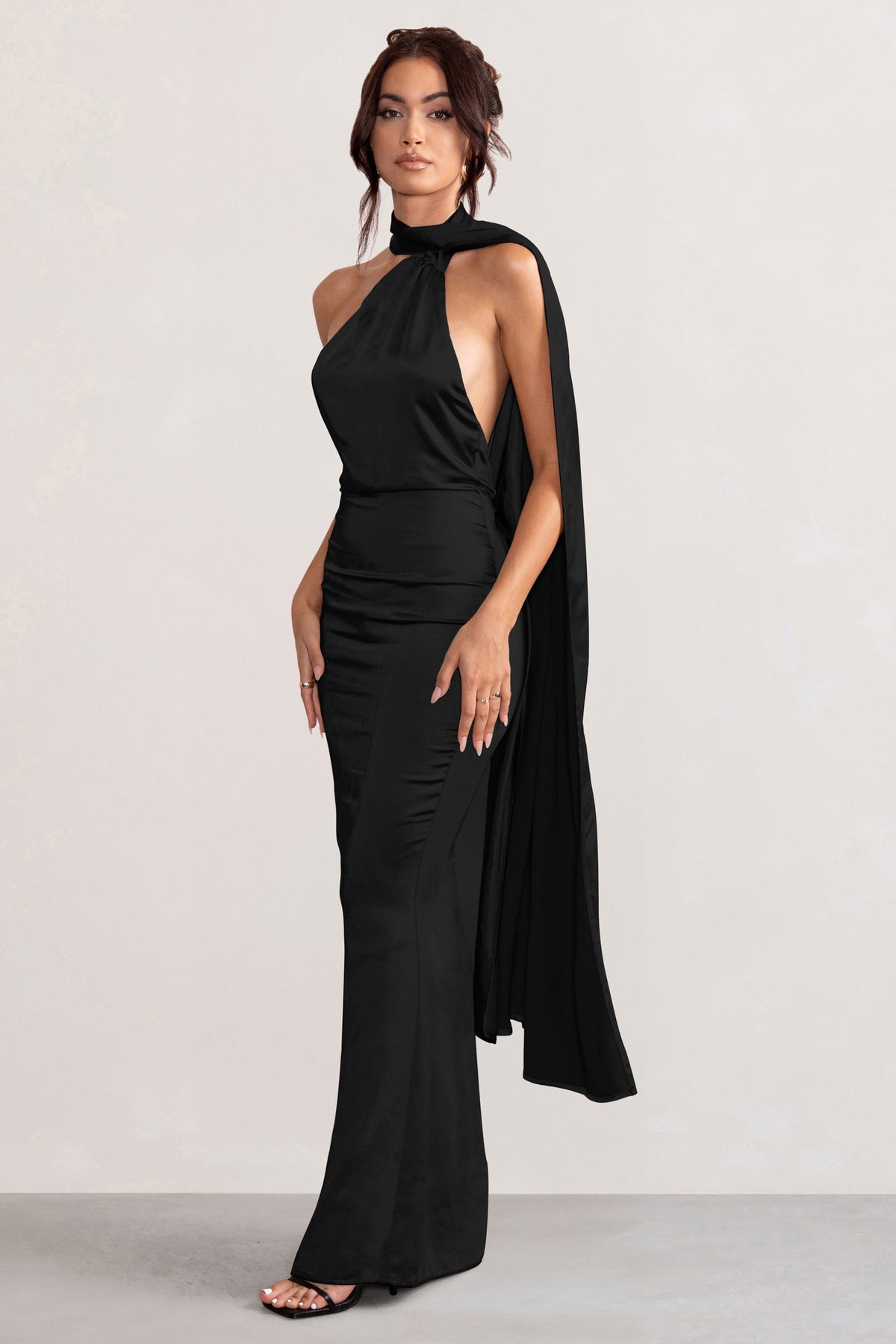 Mademoiselle | Black Satin Asymmetric Scarf Neck Backless Maxi Dress