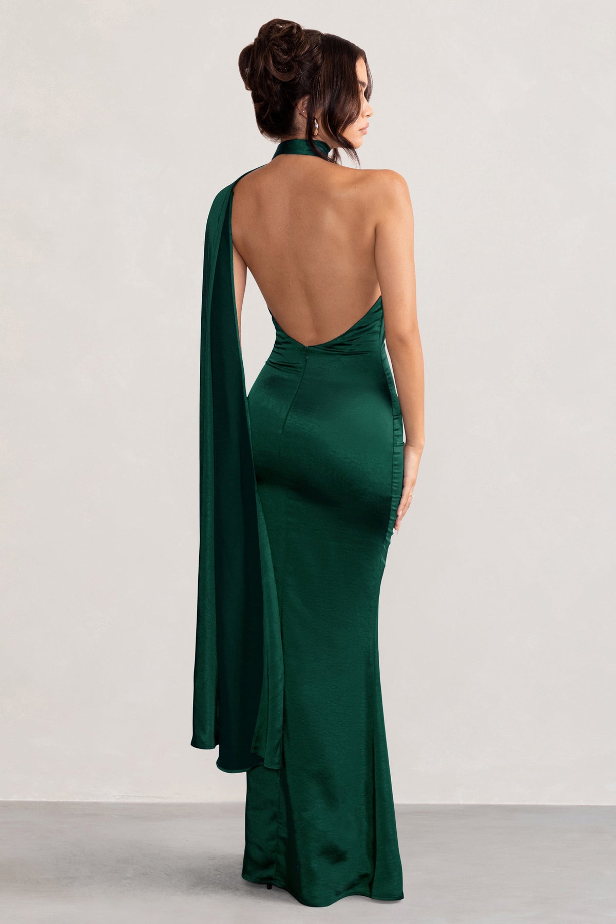 Mademoiselle | Bottle Green Satin Asymmetric Scarf Neck Backless Maxi Dress