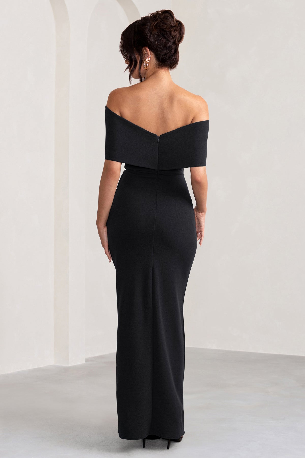 Eva | Black Bardot Bow Detail Maxi Dress With Thigh Split