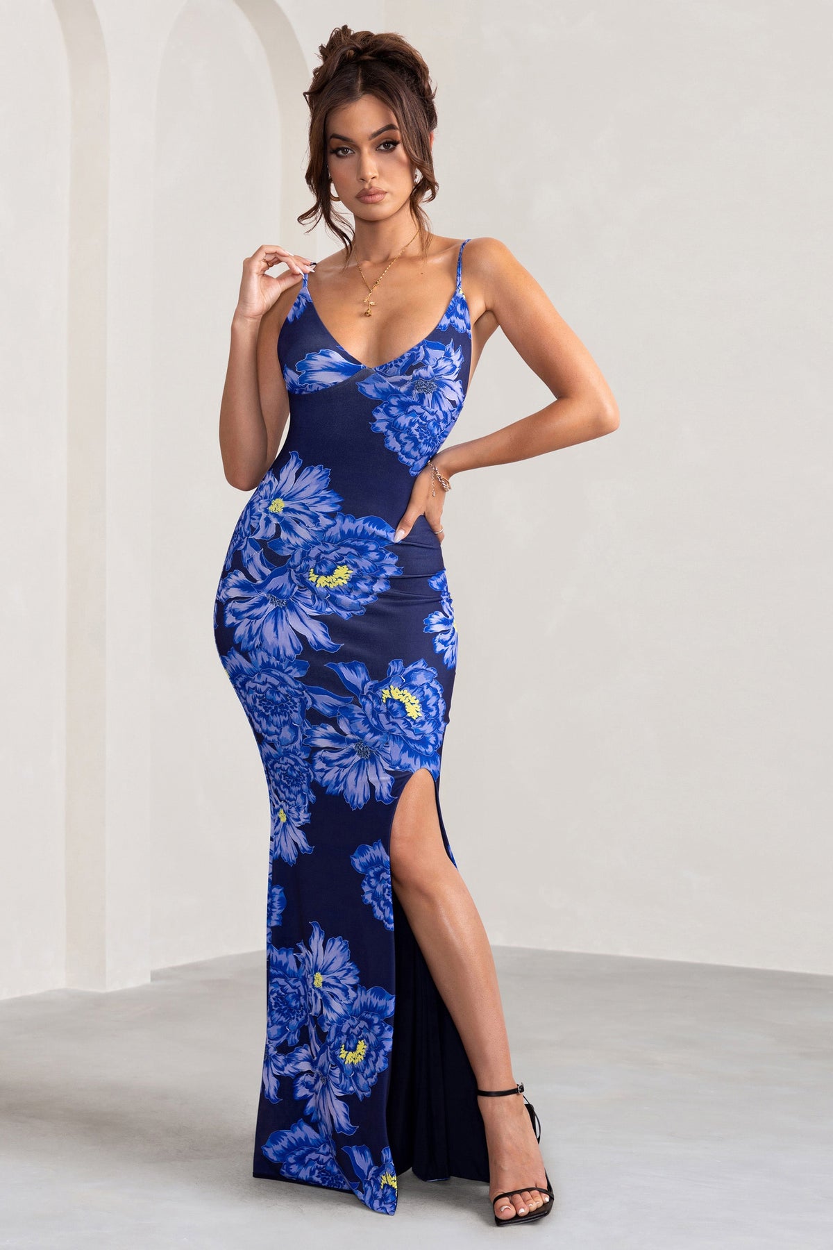 Farah | Blue Floral Print Plunge Neck Maxi Dress With Split Detail