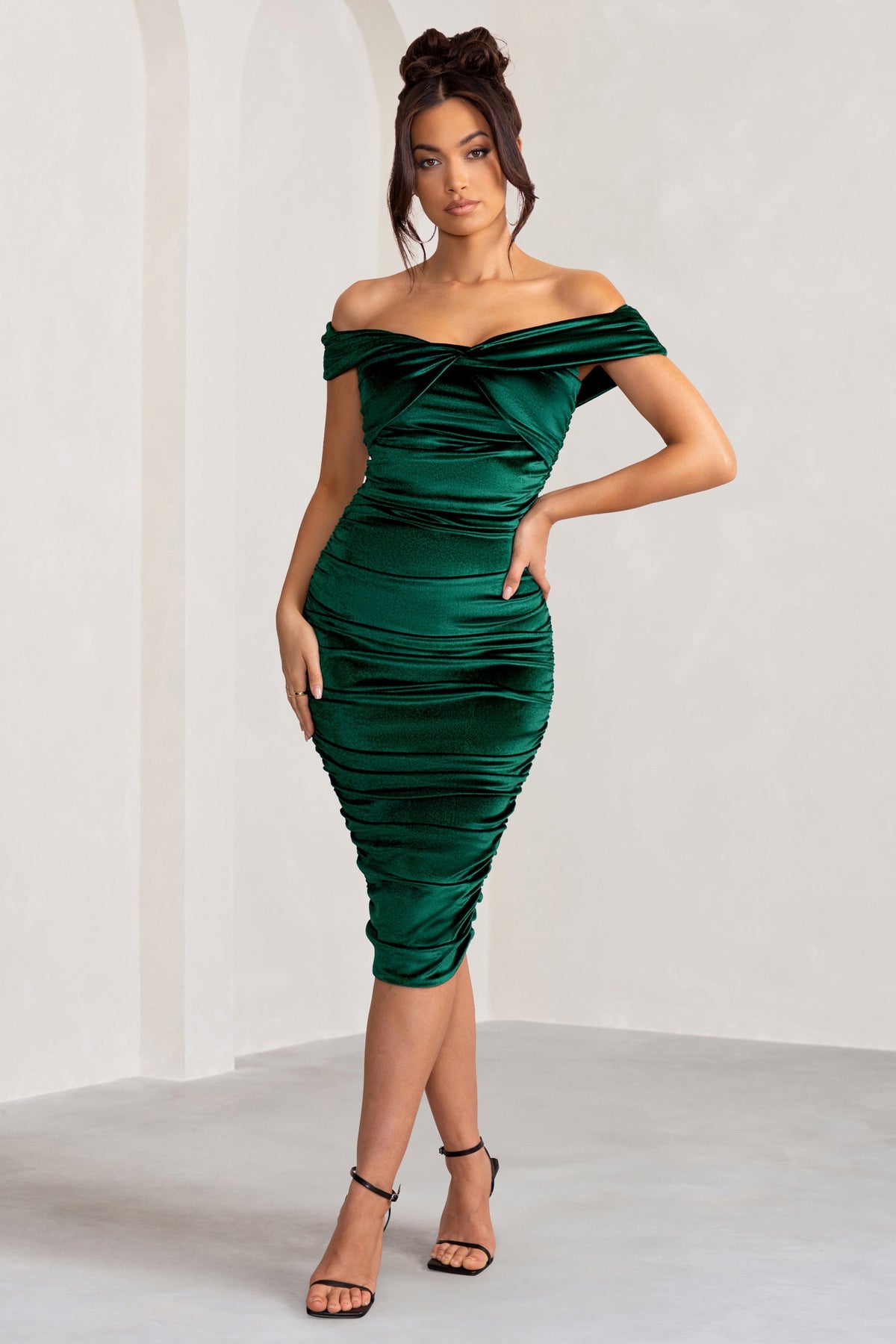 Gratitude | Bottle Green Velvet Off The Shoulder Ruched Midi Dress