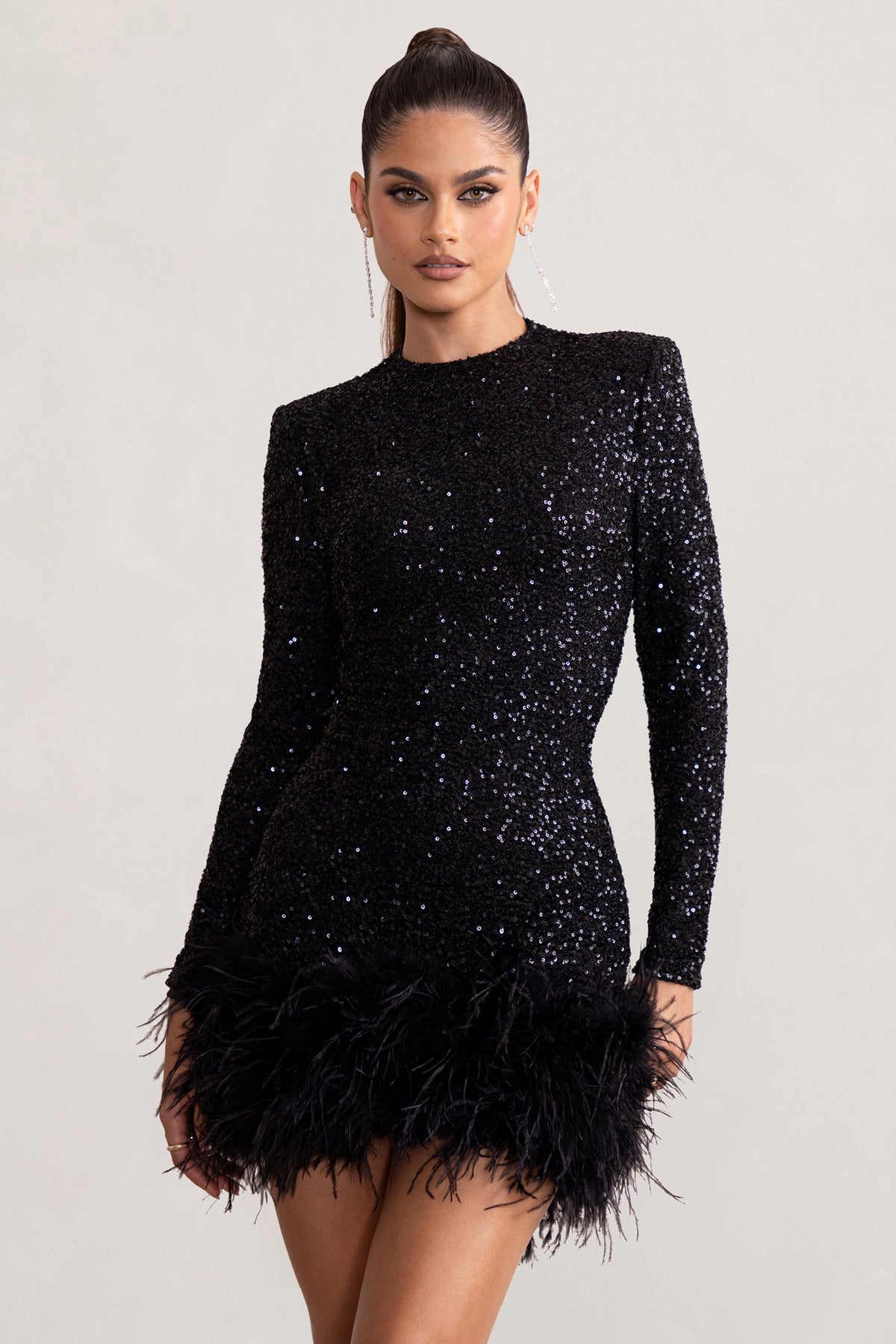 Claudia | Black Sequin High Neck Feather Hem Mini Dress With Long Sleeves