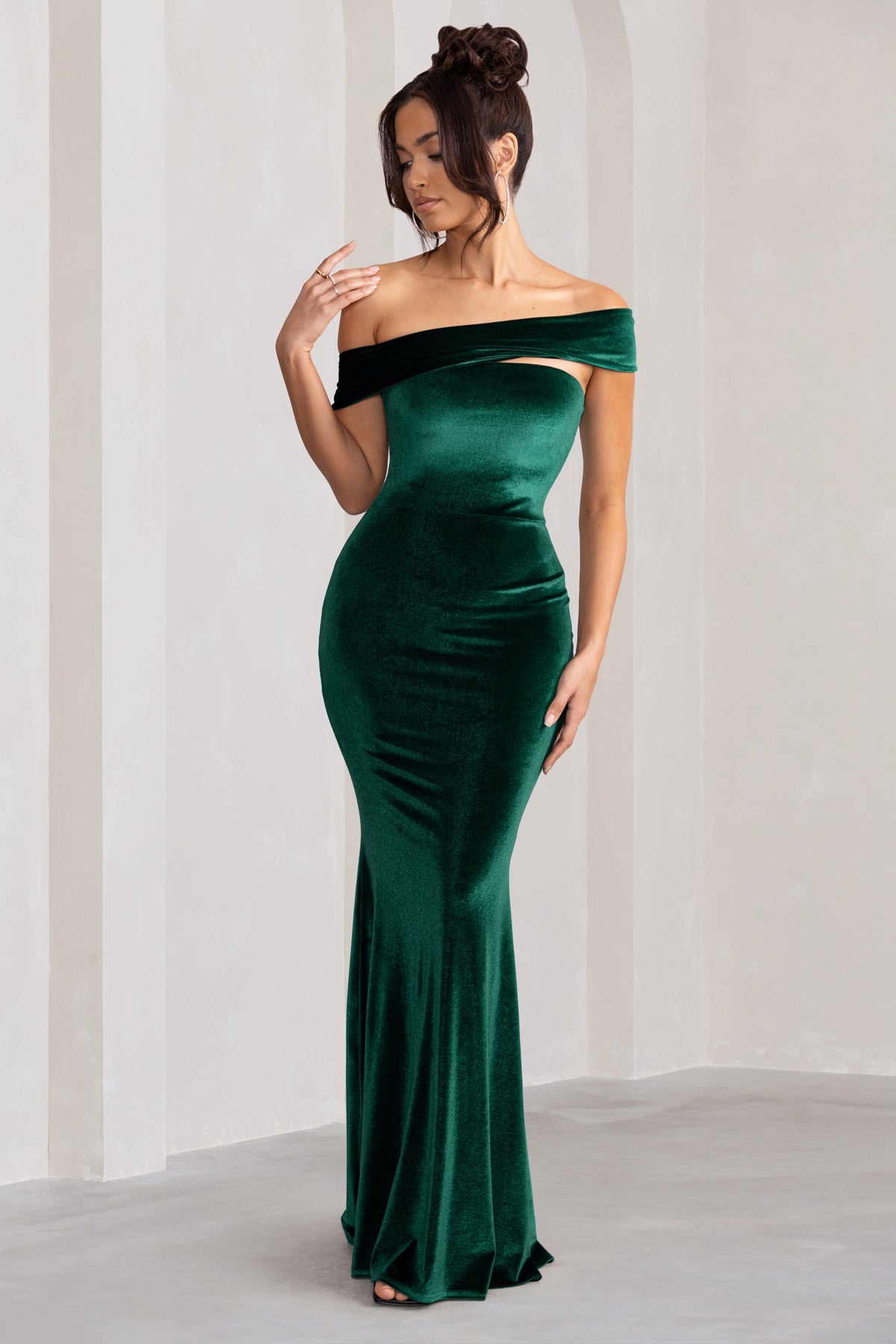 Candela | Bottle Green Velvet Asymmetric Bardot Maxi Dress