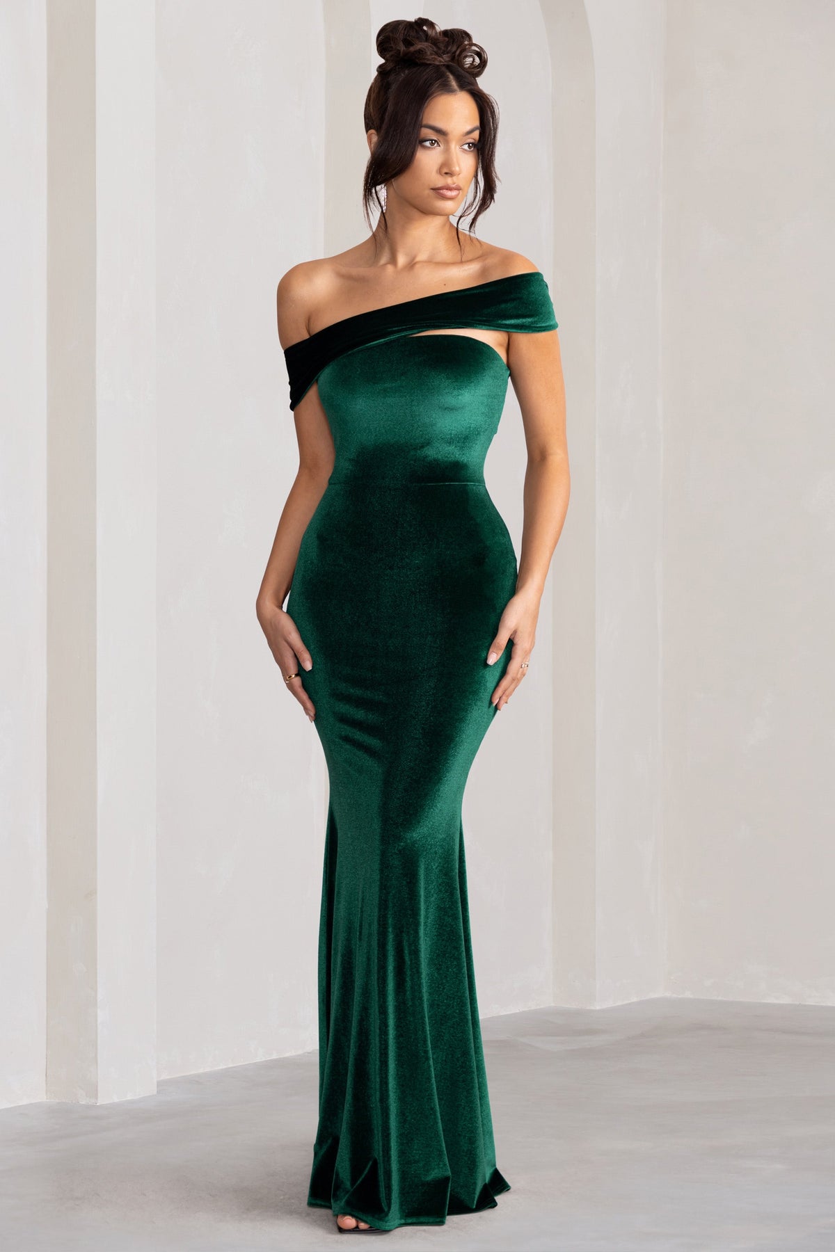 Candela Bottle Green Velvet Asymmetric Bardot Maxi Dress Club L London - SA Candela Bottle Green Velvet Asymmetric Bardot Maxi Dress Club L London - SA