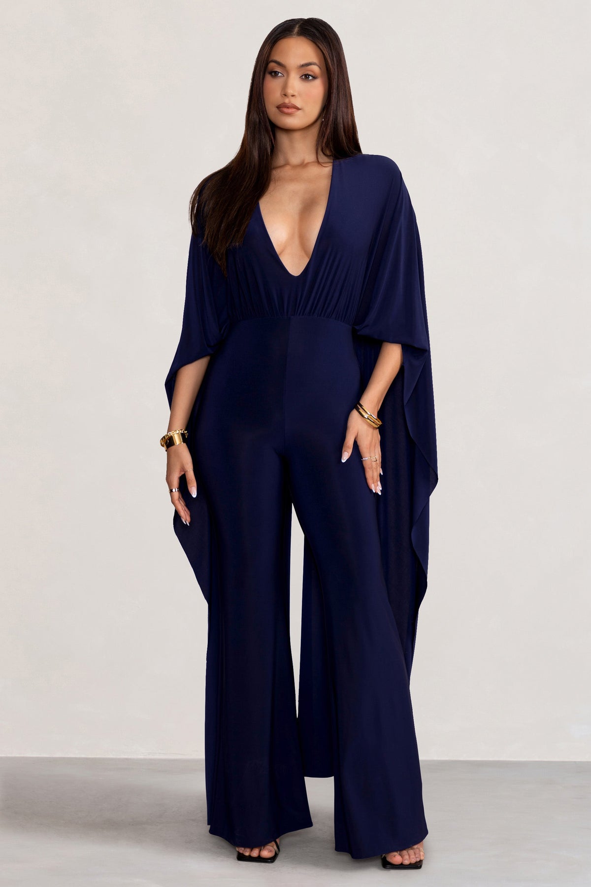 Anais | Navy Plunge Jumpsuit with Cape