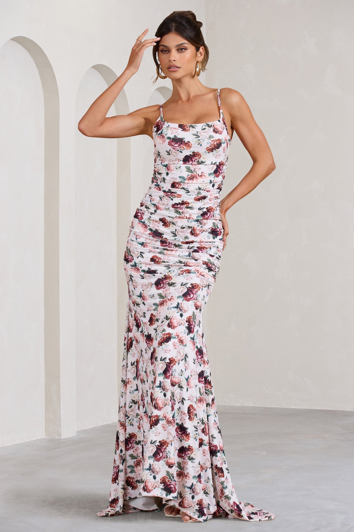 Adele | White Floral Print Backless Ruched Fishtail Cami Maxi Dress