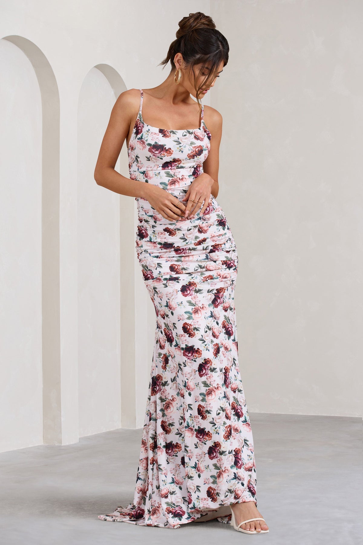 Adele | White Floral Print Backless Ruched Fishtail Cami Maxi Dress