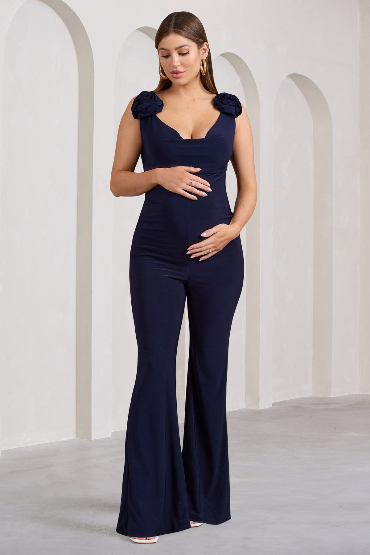 Posy | Navy Maternity Cowl Jumpsuit With Flower Design