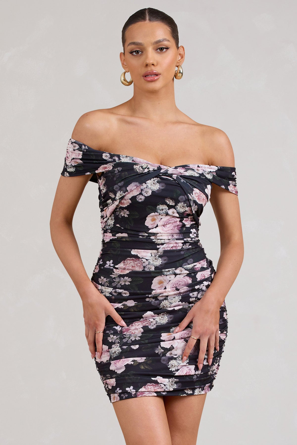 Thorn | Black Floral Bardot Bodycon Mini Dress