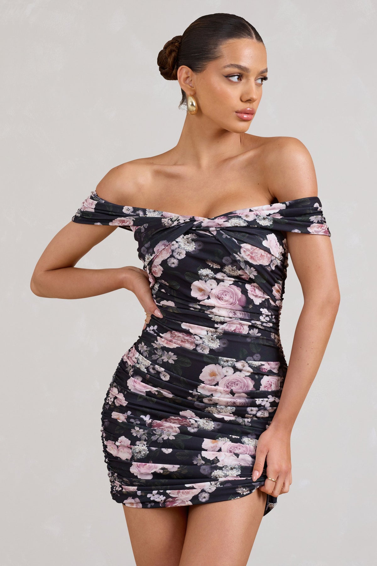 Thorn | Black Floral Bardot Bodycon Mini Dress