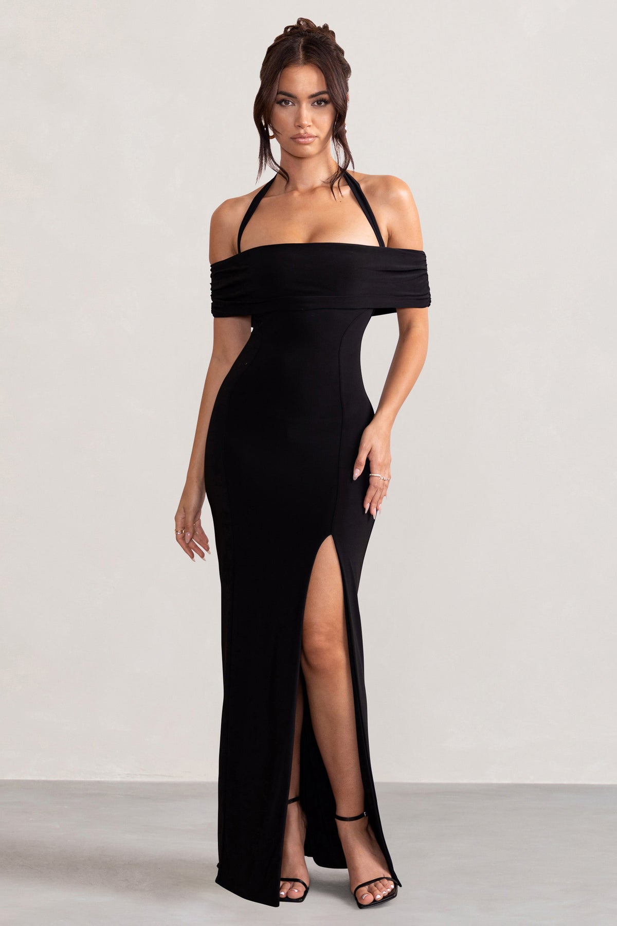 Anisa | Black Halter Neck Bardot Maxi Dress With Thigh Split