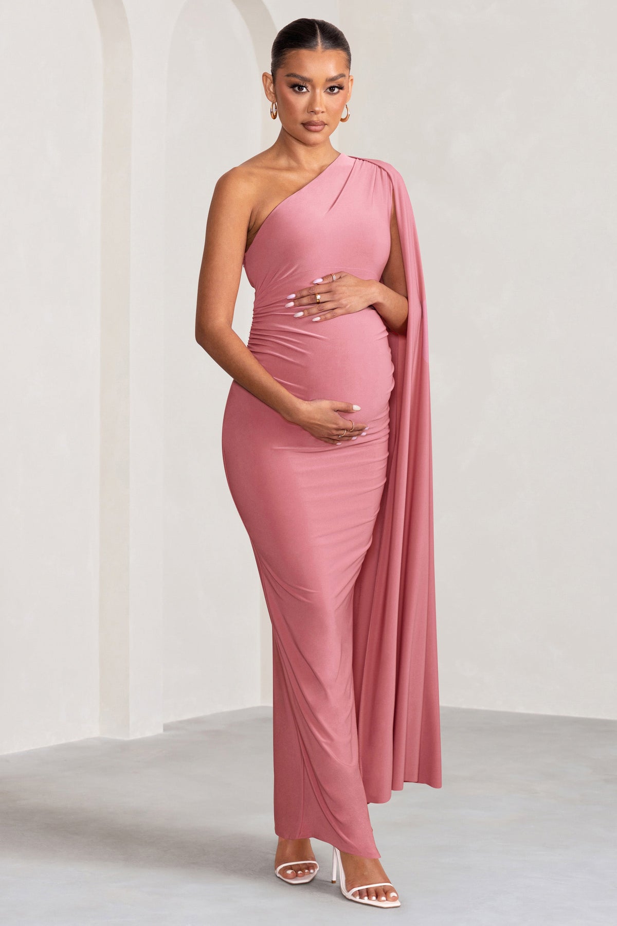 Amaryllis | Blush Pink Maternity One Shoulder Maxi Dress with Cape Sleeve