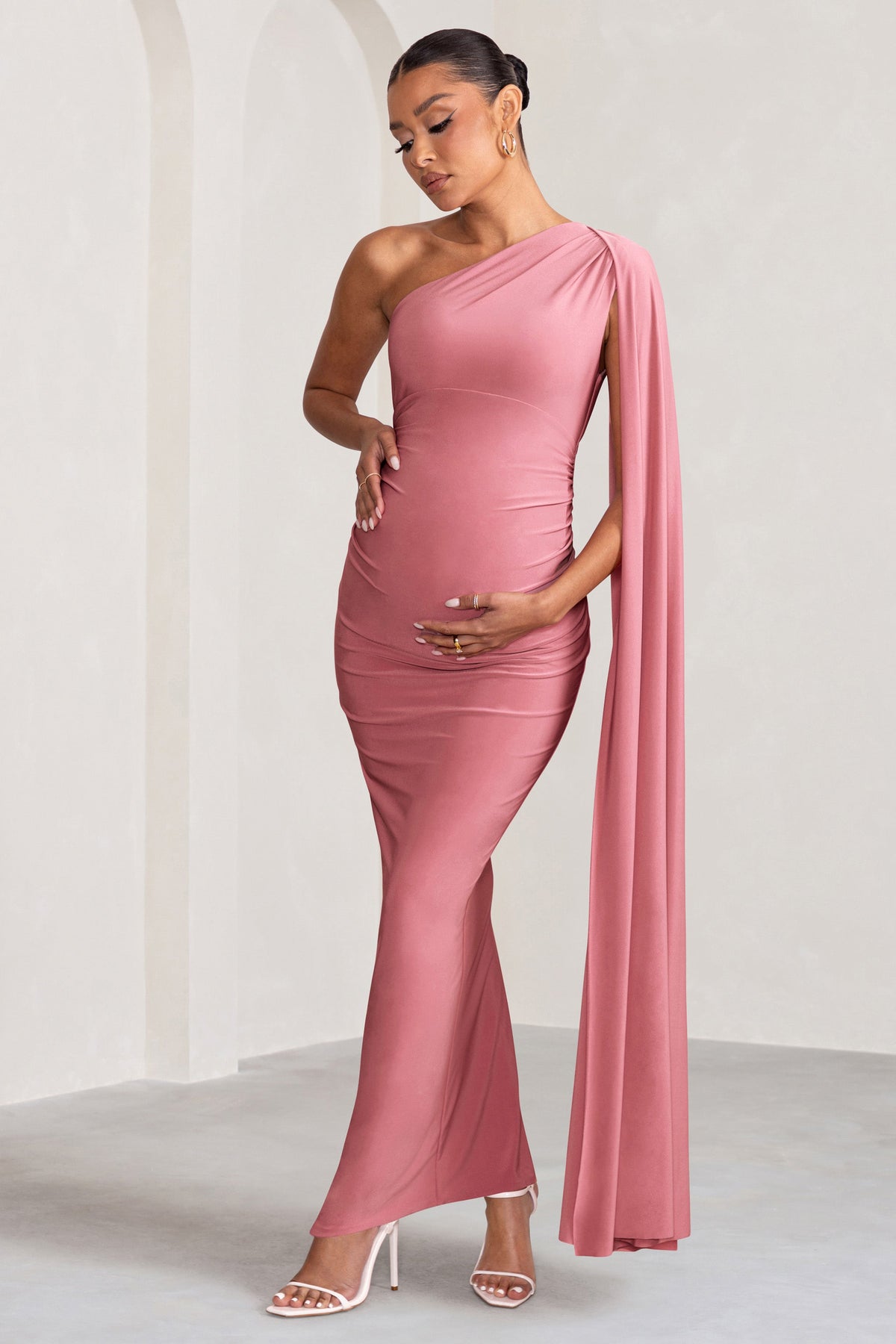 Amaryllis | Blush Pink Maternity One Shoulder Maxi Dress with Cape Sleeve