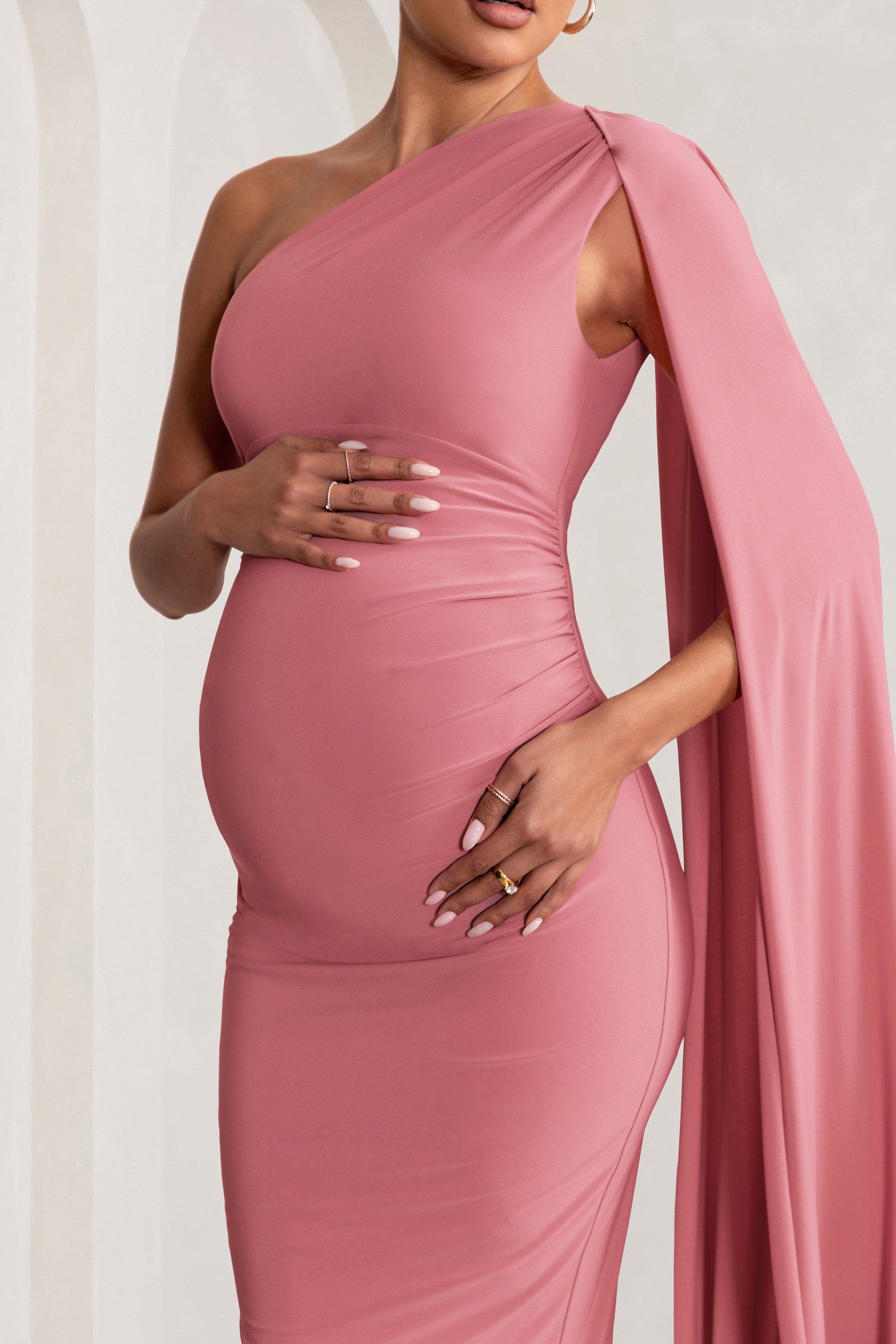Amaryllis | Blush Pink Maternity One Shoulder Maxi Dress with Cape Sleeve