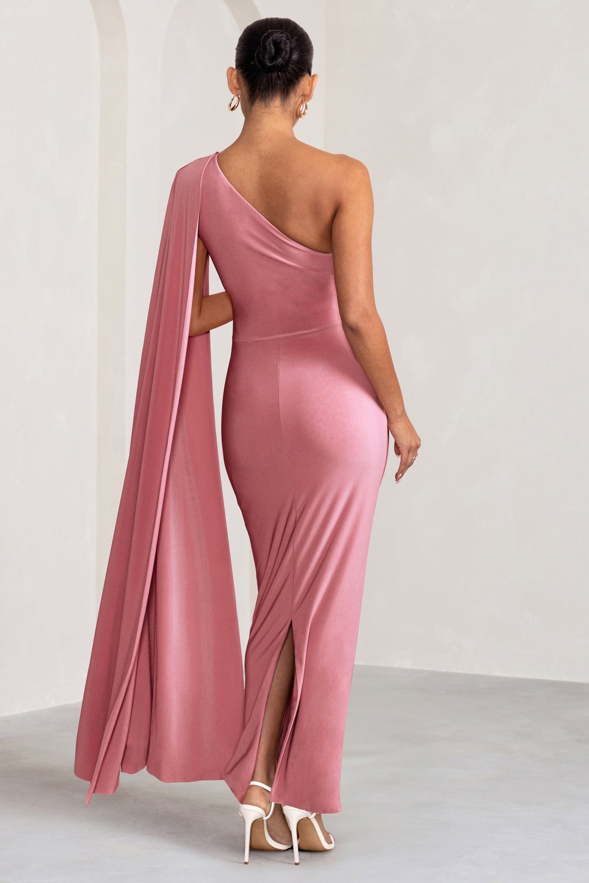 Amaryllis | Blush Pink Maternity One Shoulder Maxi Dress with Cape Sleeve