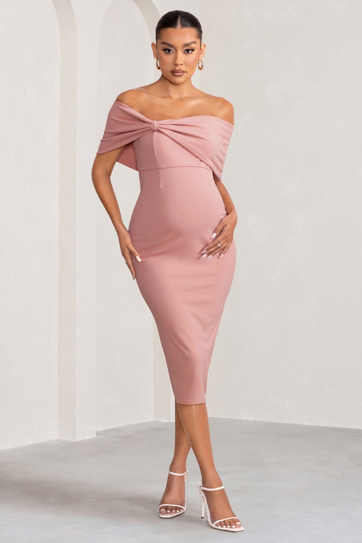 Alyssa | Blush Bardot Bow Maternity Midi Dress with Ruching