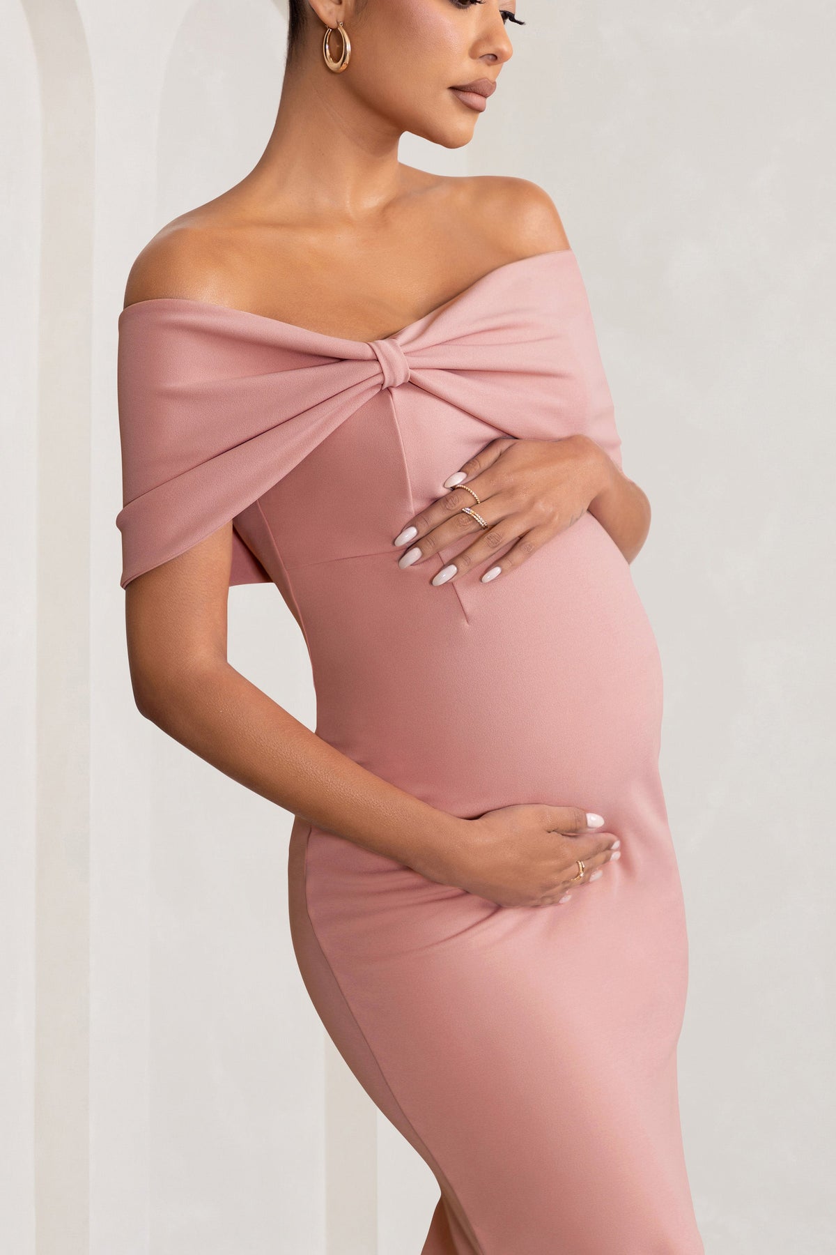 Alyssa | Blush Bardot Bow Maternity Midi Dress with Ruching