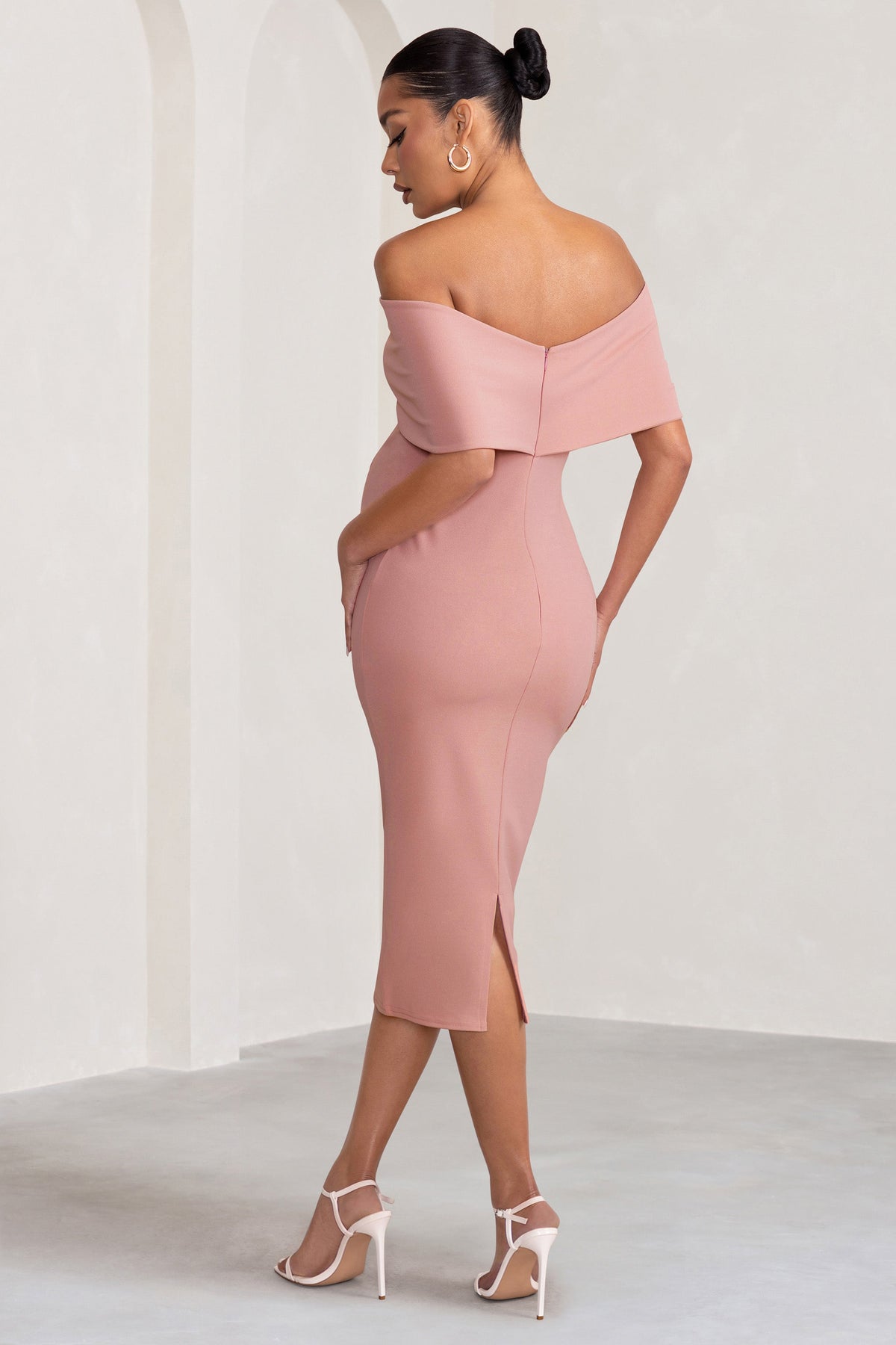 Alyssa | Blush Bardot Bow Maternity Midi Dress with Ruching