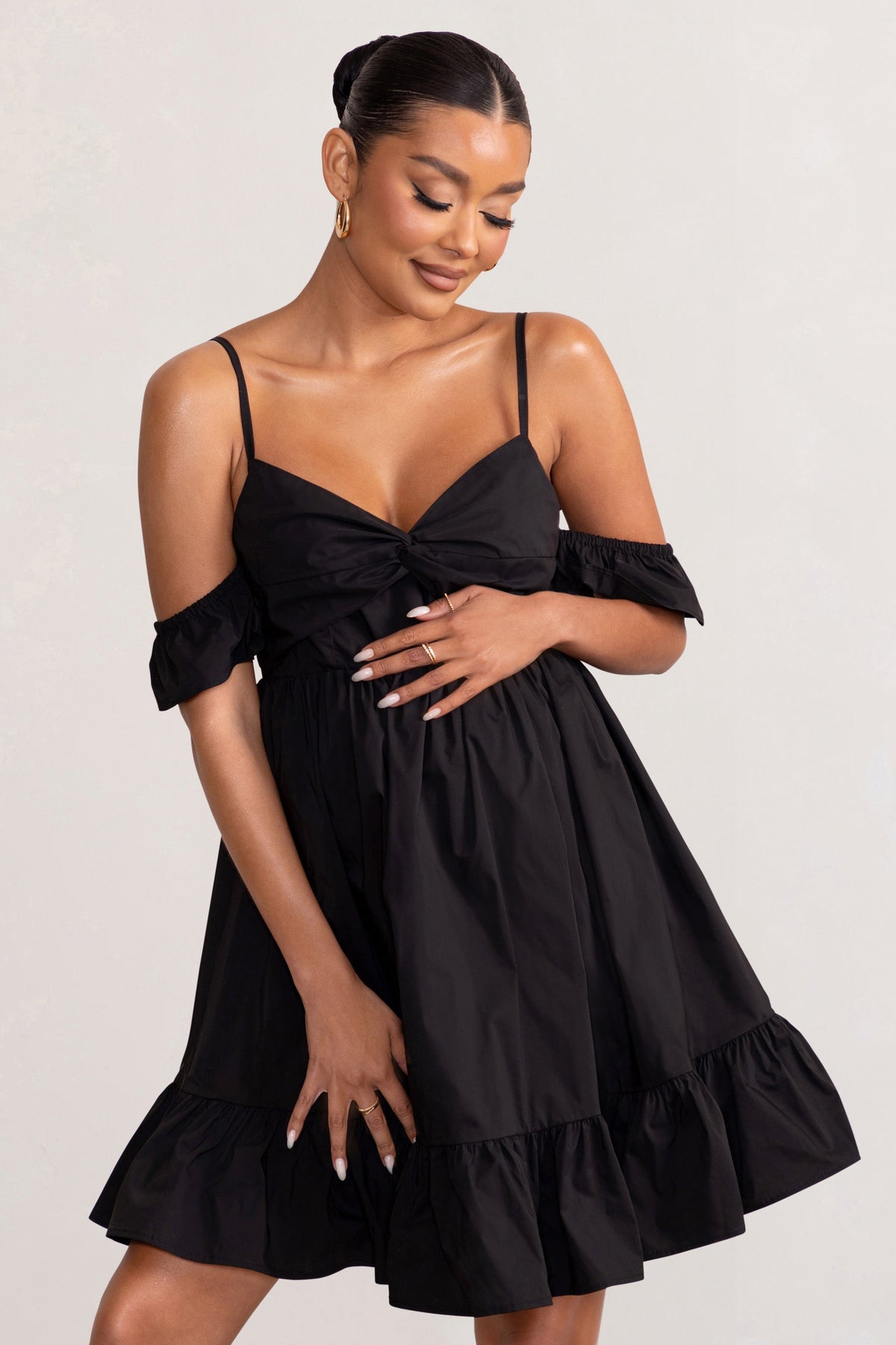 Kai | Black Cami Babydoll Maternity Mini Dress With Ruffle Cold Shoulder Sleeves