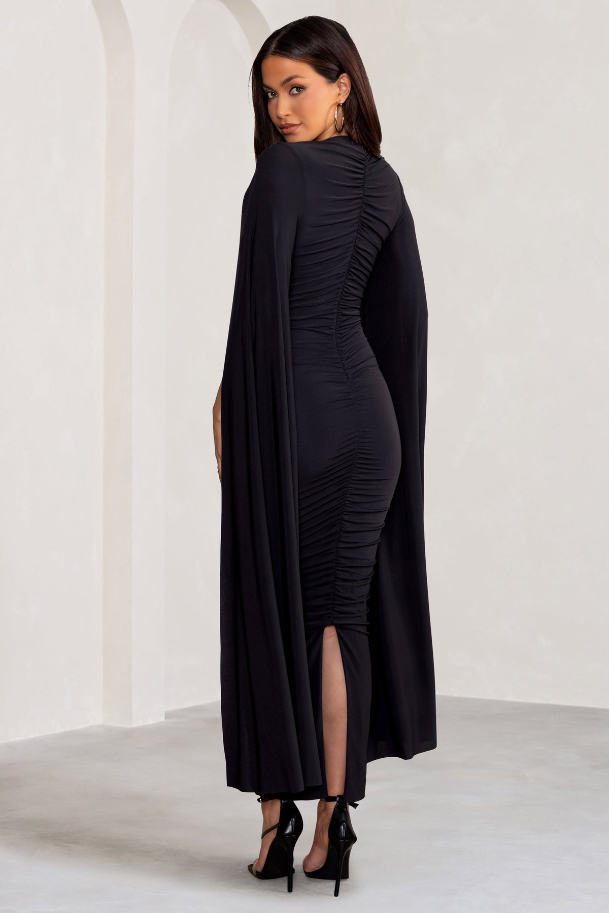 Georgiana | Black Plunge Ruched Maxi Dress with Cape Sleeves