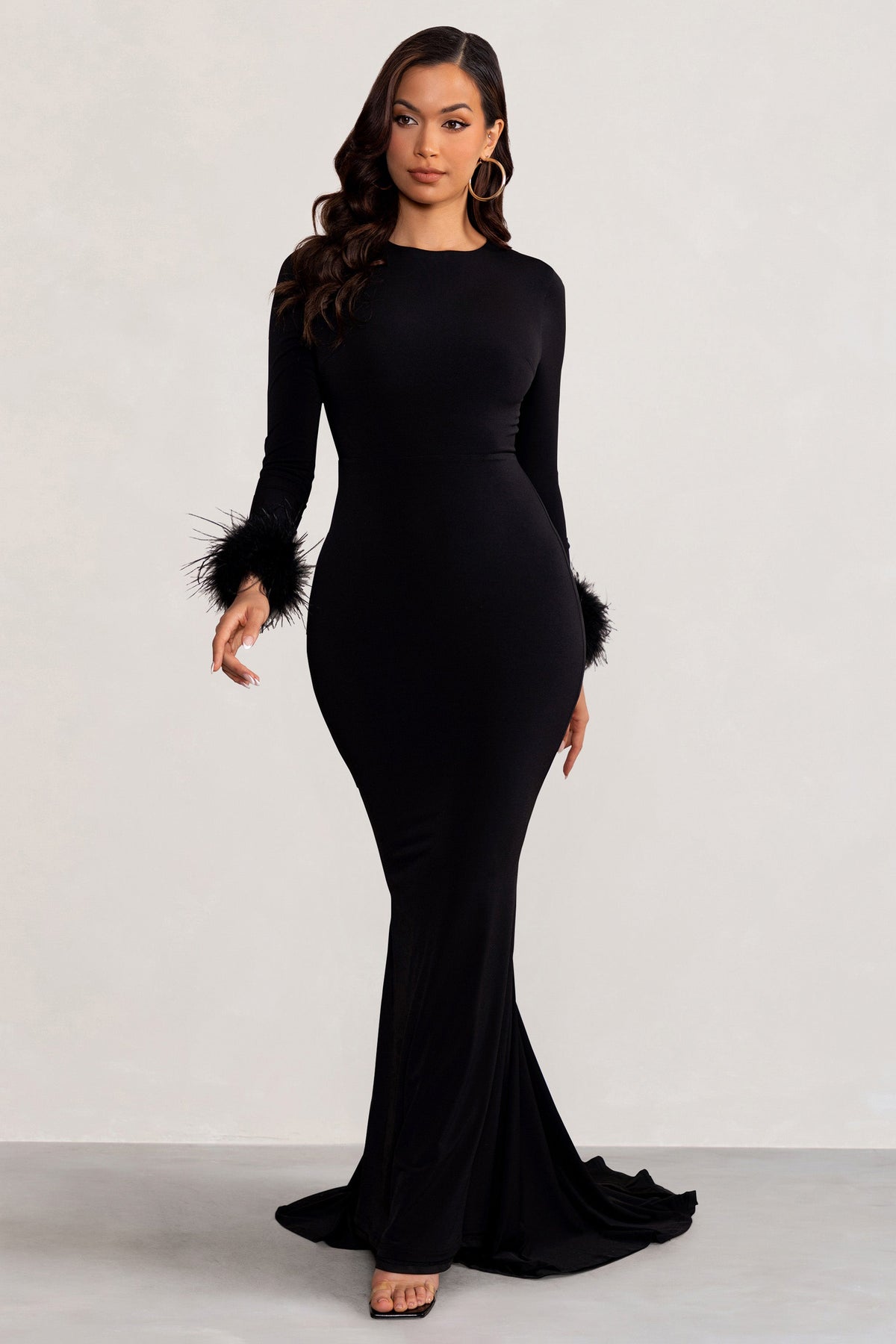 Betty | Black High Neck Long Sleeve Maxi Dress with Feather Cuffs