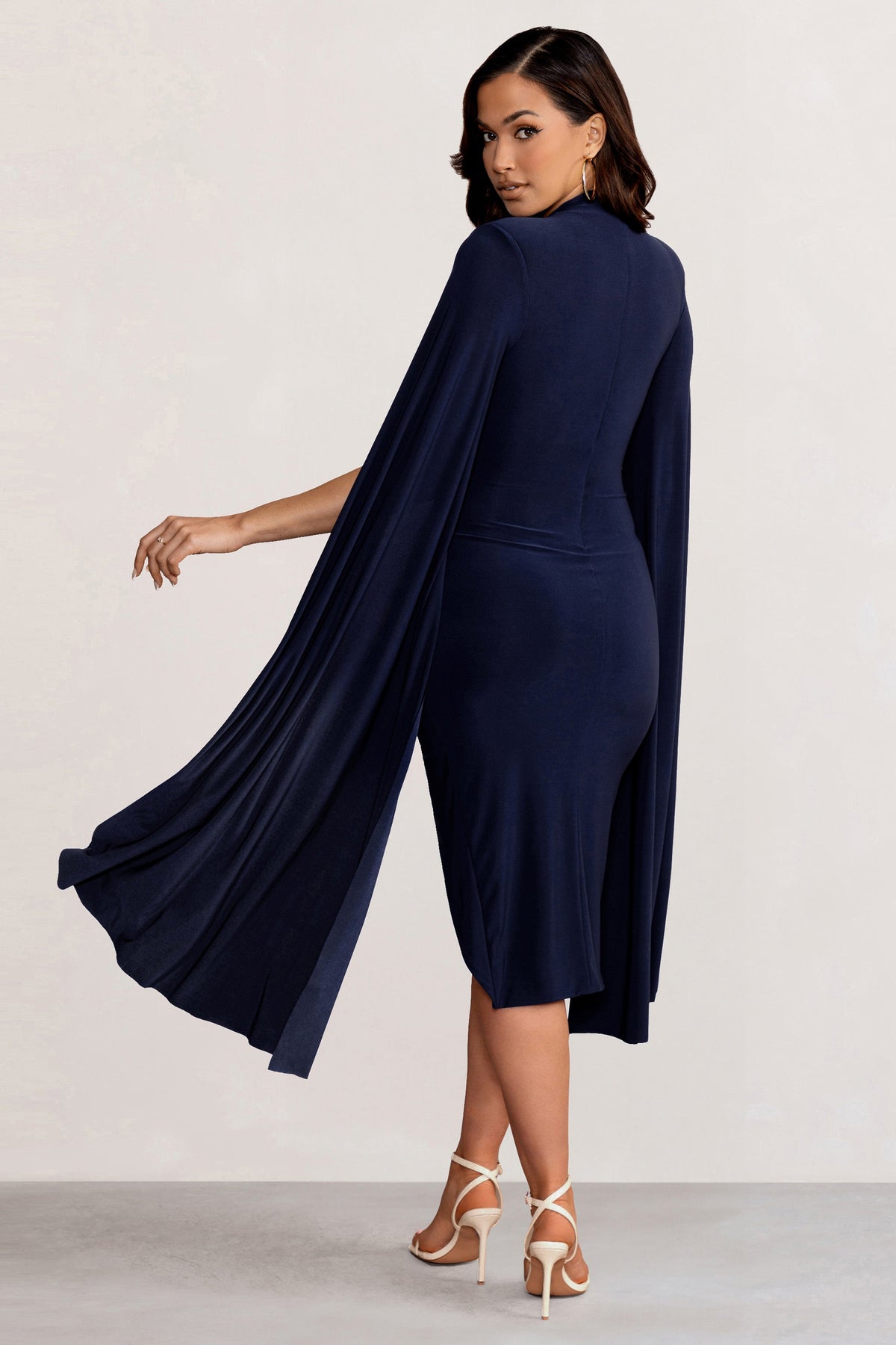 Sara | Navy High Neck Ruched Midi Dress with Cape Sleeves