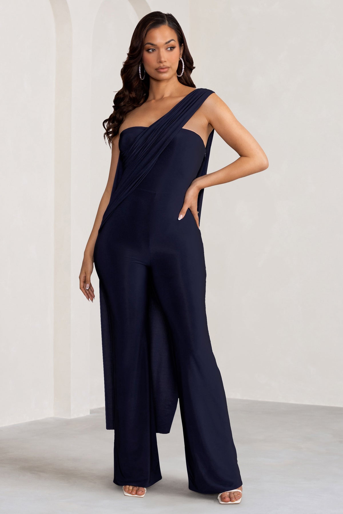 Kendra | Navy Asymmetric Bandeau Jumpsuit with Drape