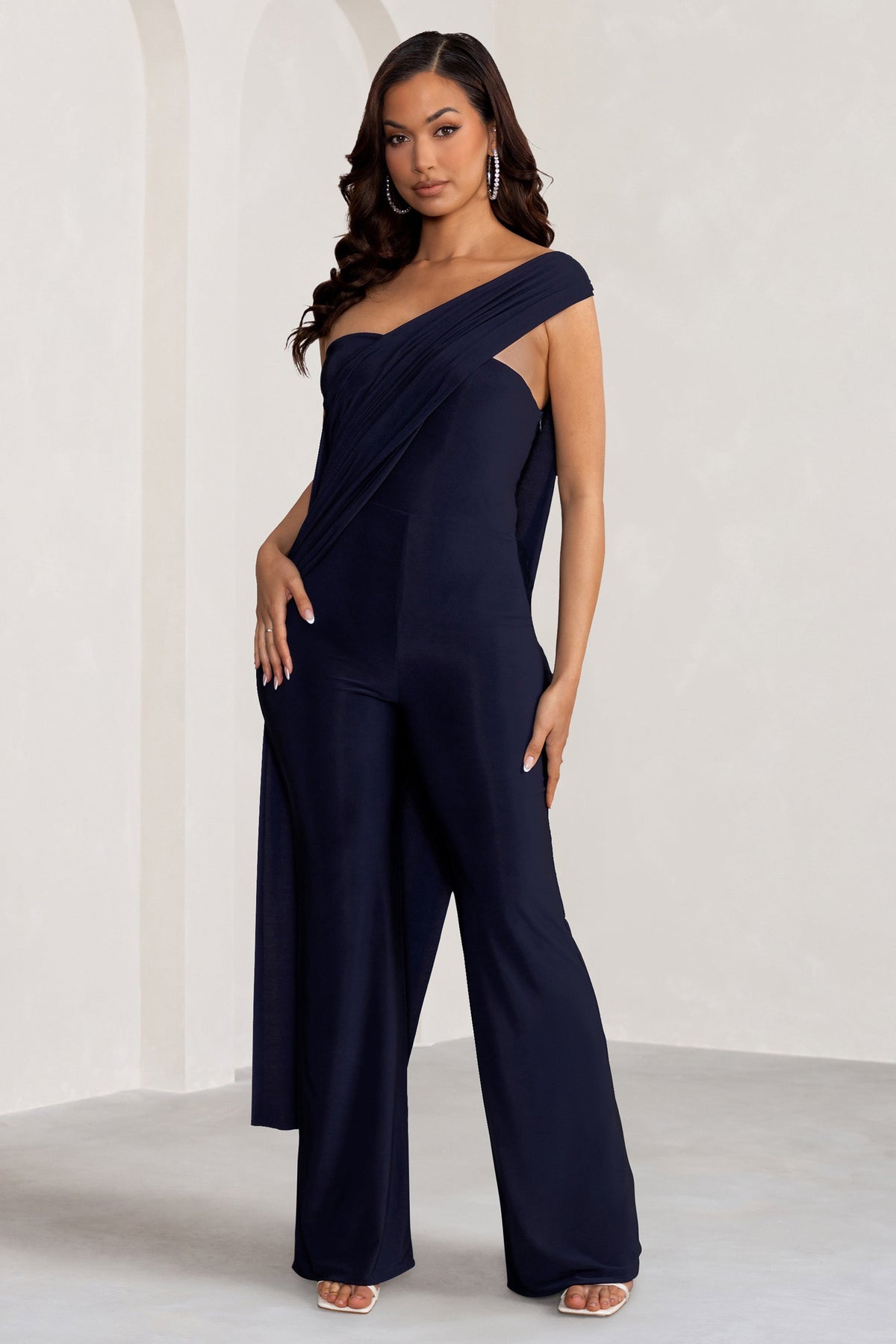 Kendra | Navy Asymmetric Bandeau Jumpsuit with Drape