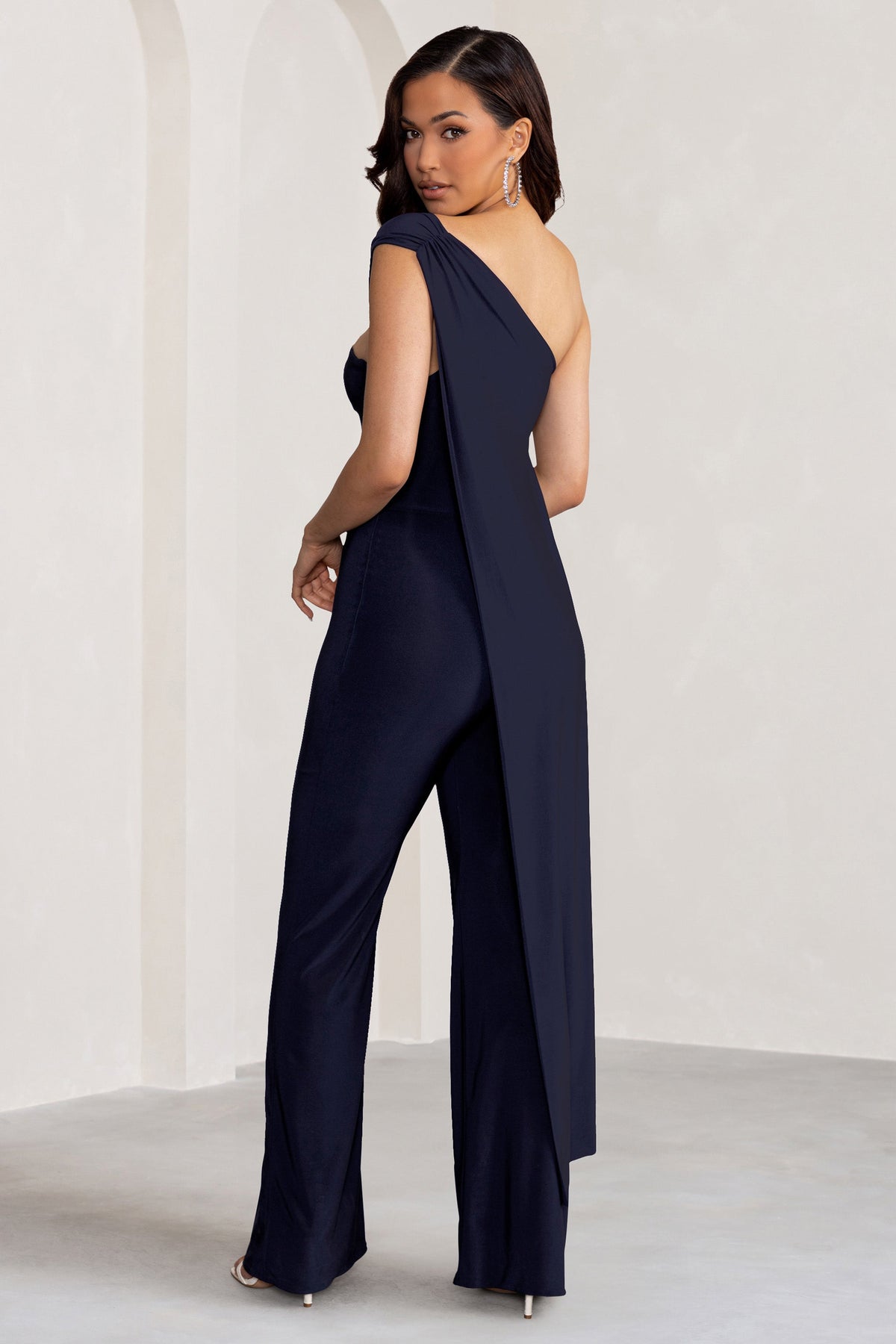 Kendra | Navy Asymmetric Bandeau Jumpsuit with Drape