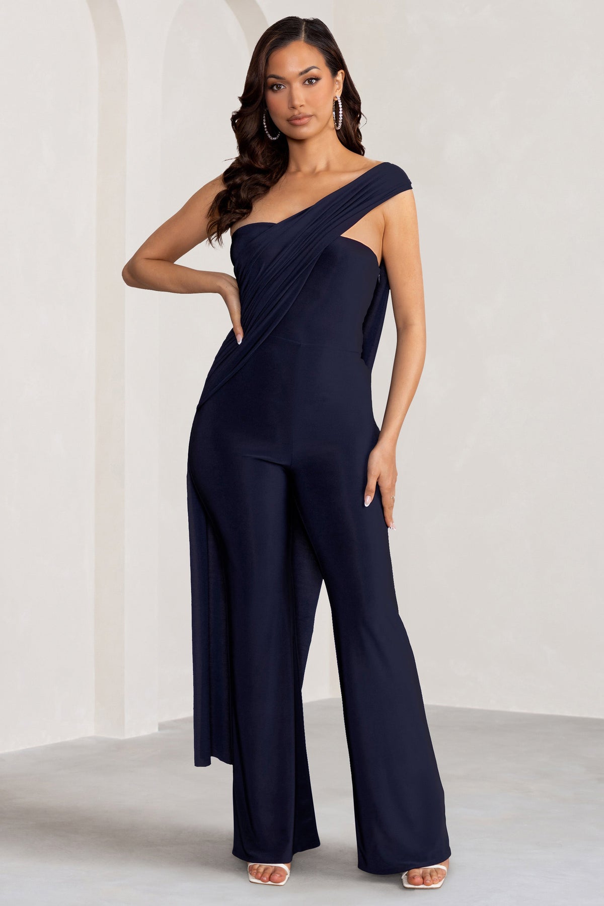 Kendra | Navy Asymmetric Bandeau Jumpsuit with Drape