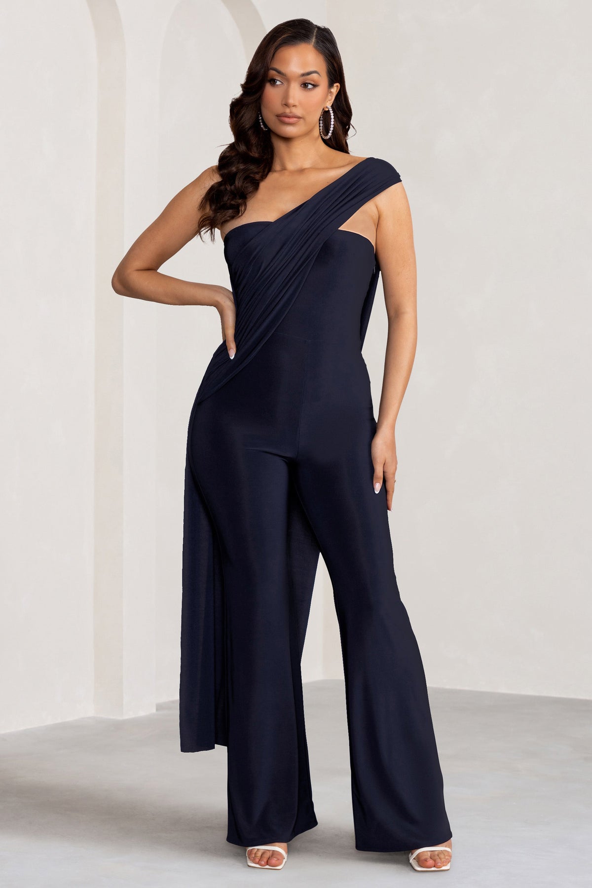 Kendra | Navy Asymmetric Bandeau Jumpsuit with Drape